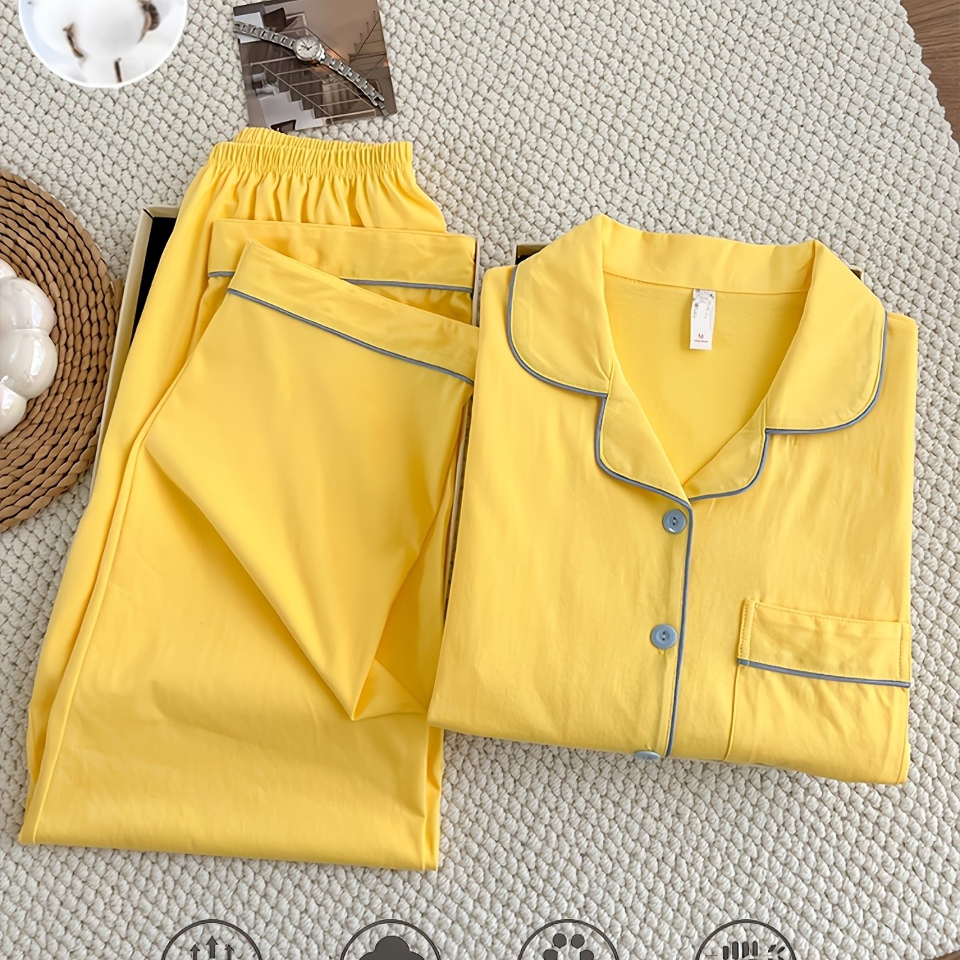 Image of Solid Color Pajamas Women's Spring Autumn Long Sleeve Long Pants Yellow Casual Comfortable Skin- Party Outerwear Loose Set Women
