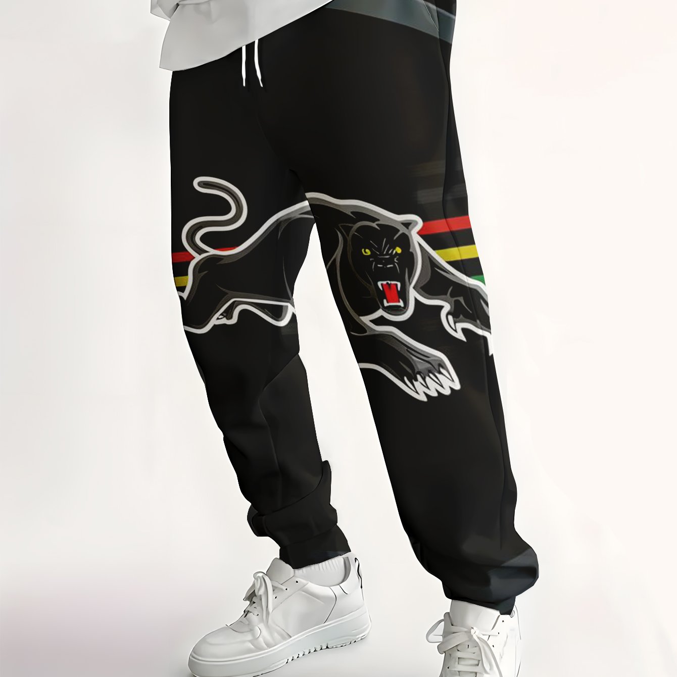 TEMU Men's Streetwear Brand Casual Pants - Black Running On A Red, Yellow, And Green Striped Background - Full Of Street Style With An Artistic Print