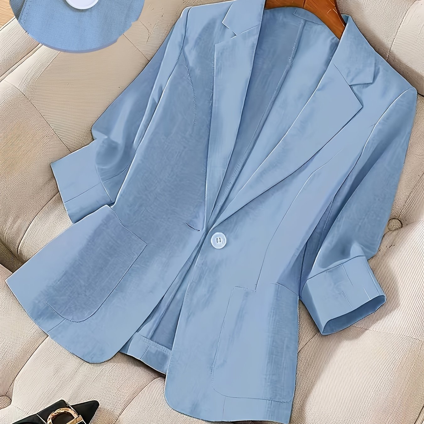 TEMU 2026 New Premium Solid Color Single-button Suit Jacket, Elegant 3/4 Sleeve, Comfortable And Breathable Casual Outerwear, Elegant Style Suitable