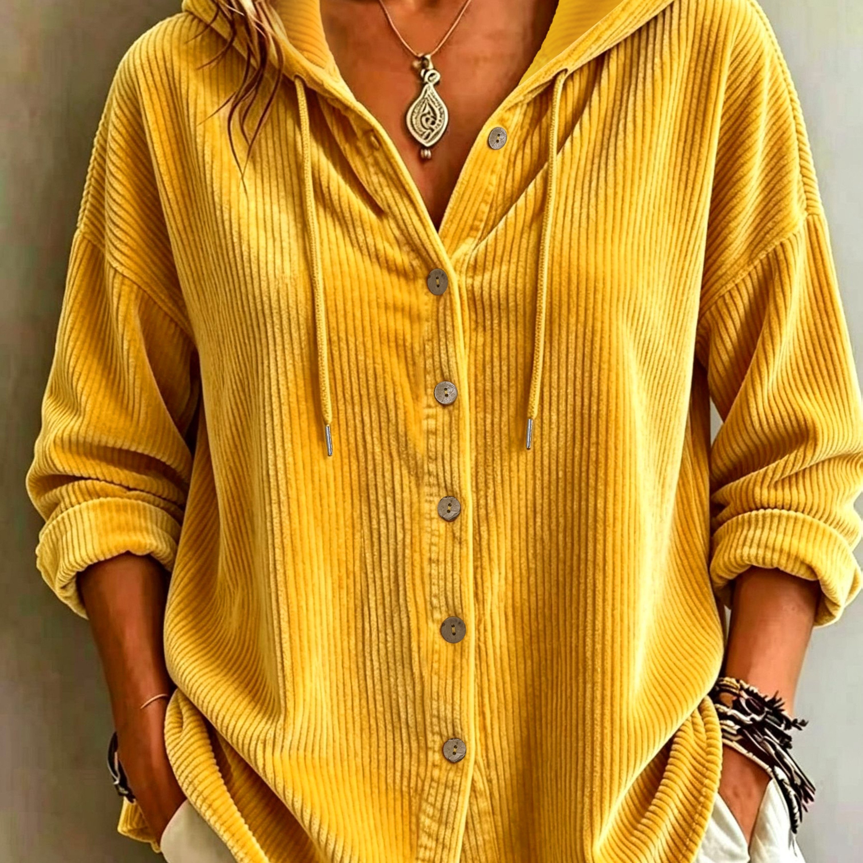 TEMU Vertical Welt-piped Textured Corduroy Hooded Shirt, Single-breasted With Full Open , Loose Drop Shoulder Long Sleeves, Women's Relaxed