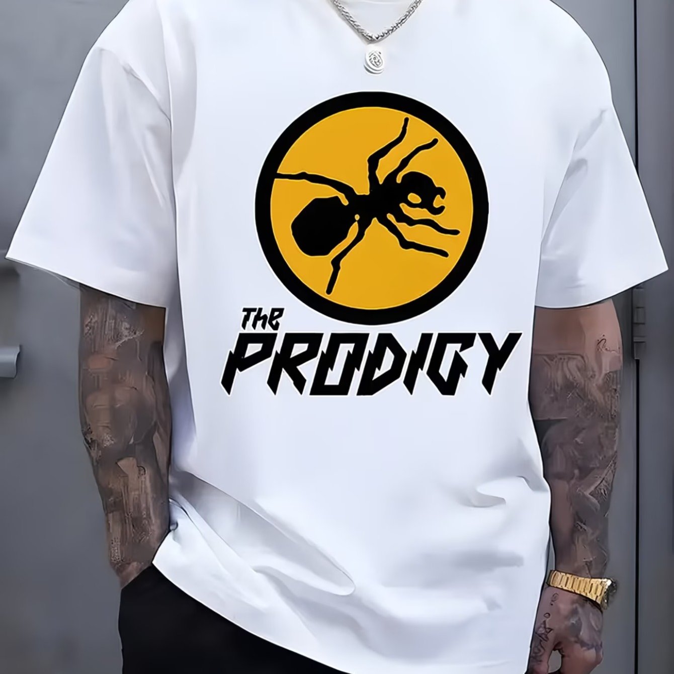 TEMU Vintage Style Men's Short-sleeve T-shirt With Ant The Band Print, Unisex, Casual And Versatile Crew Neck Base Layer Top, Casual T-shirt With