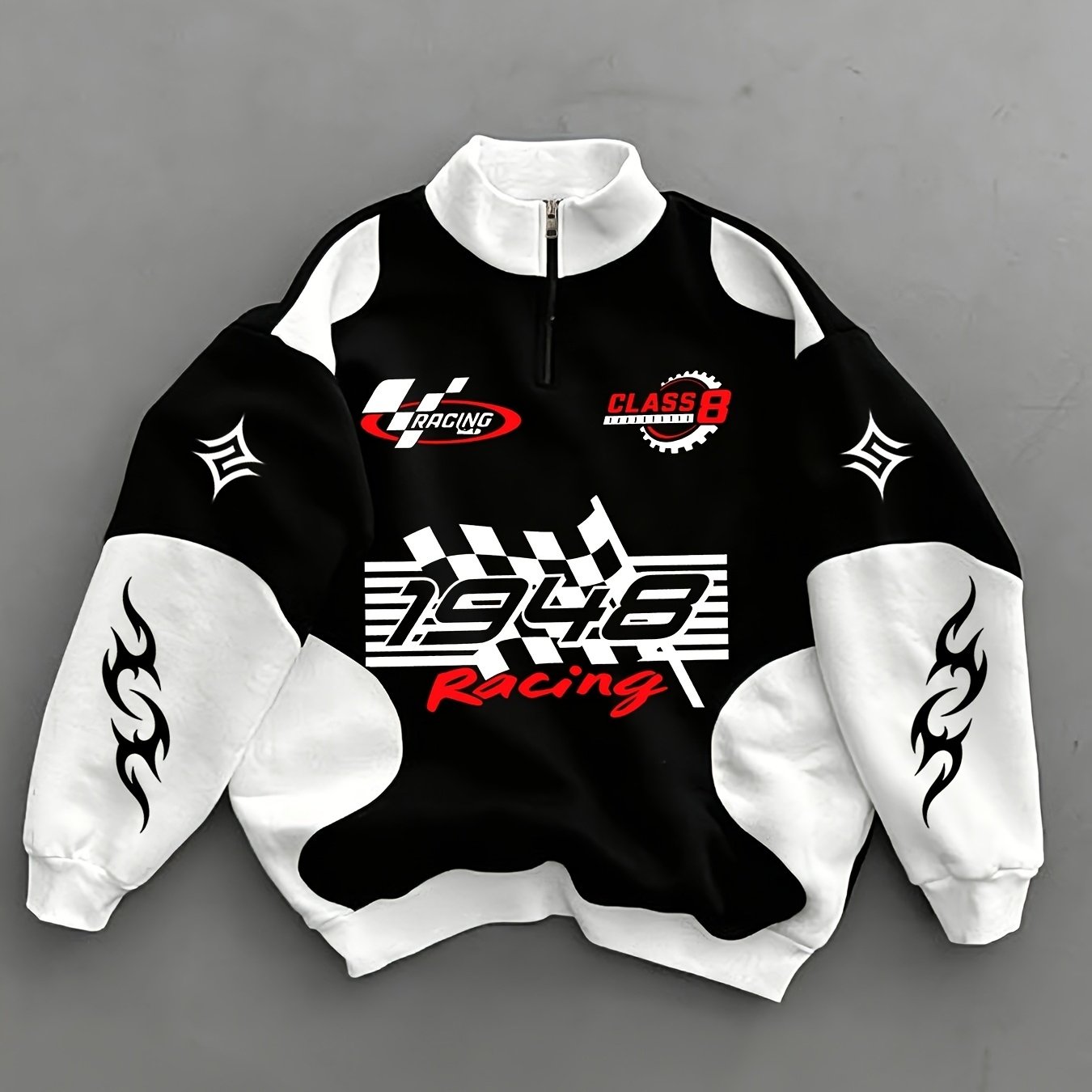 Image of (print Design- Texture Free) New Arrival Men's Zip Up Sweatshirt 1948 Racing Printed Pattern Comfortable Breathable Integrated Fabric Design Threaded Visual Effect Ideal Gift For Men