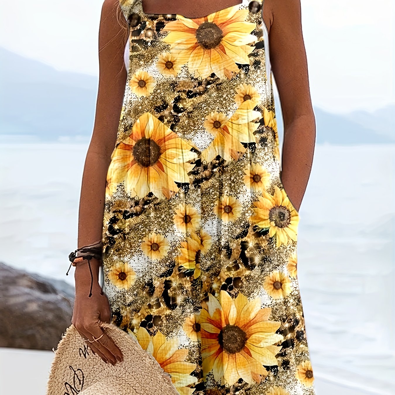 TEMU White & Print Short Sleeve Jumpsuit - Boho-chic Sleeveless-like Strapless Romper With Yellow Flower Pattern, Machine Washable Beach Wedding Guest Outfit, Casual Summer Dress