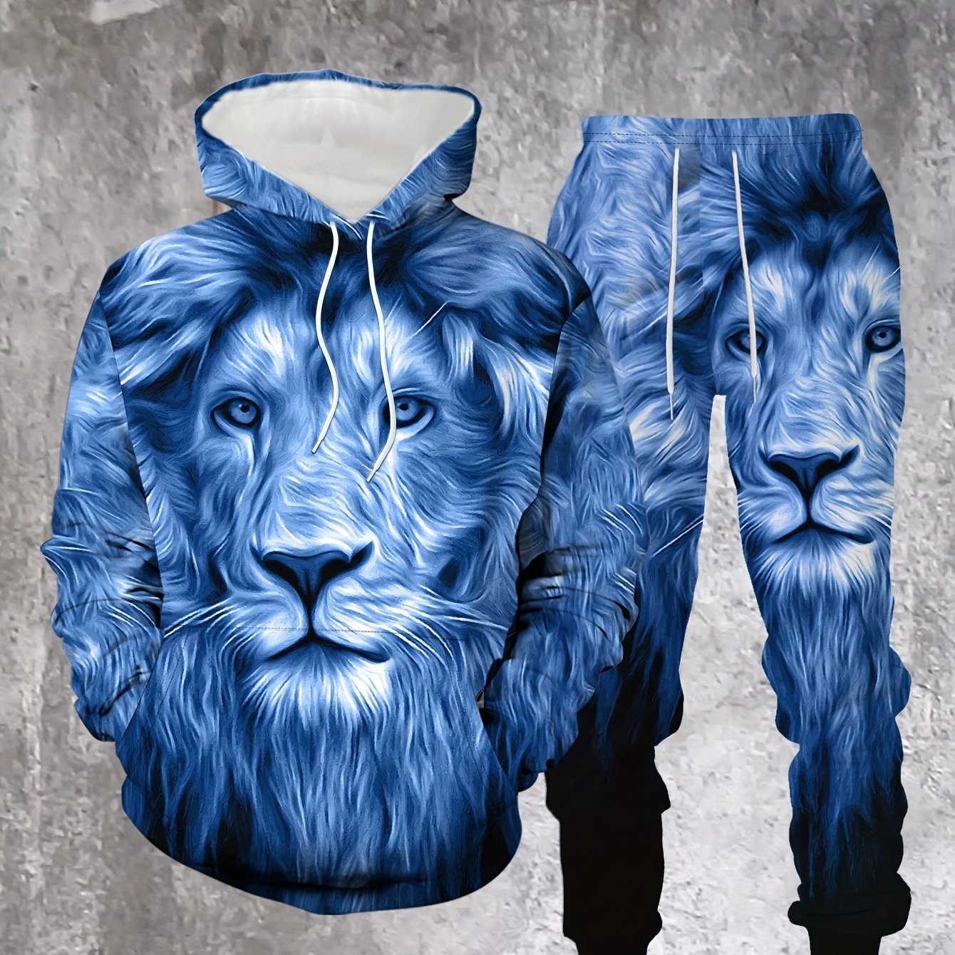 TEMU Men's 3d Lion Print Hoodie & Sweatpants Set - Casual, Stretch Fabric, Machine Washable - Perfect For Spring/ Fall