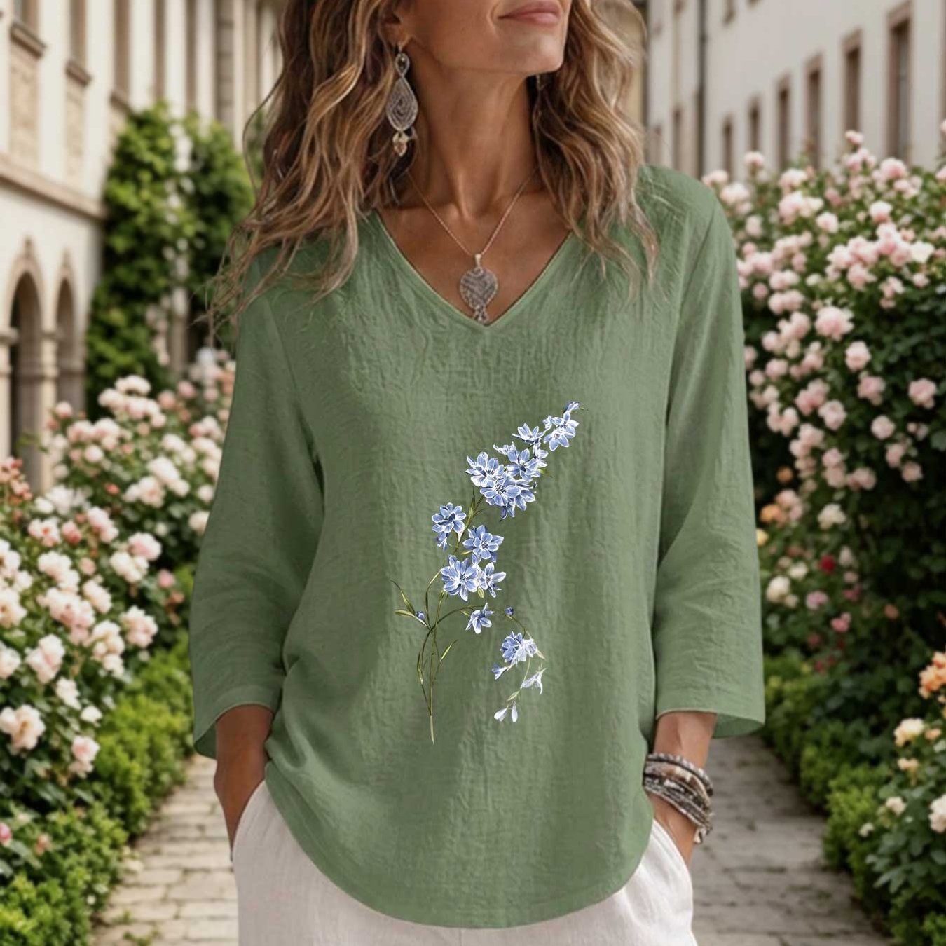 TEMU /summer Women's Apparel, Style Floral Stem Print, Daily Casual Fashion, Versatile, Comfortable, Loose Fit, V-neck, Women'-quarter Sleeve Top