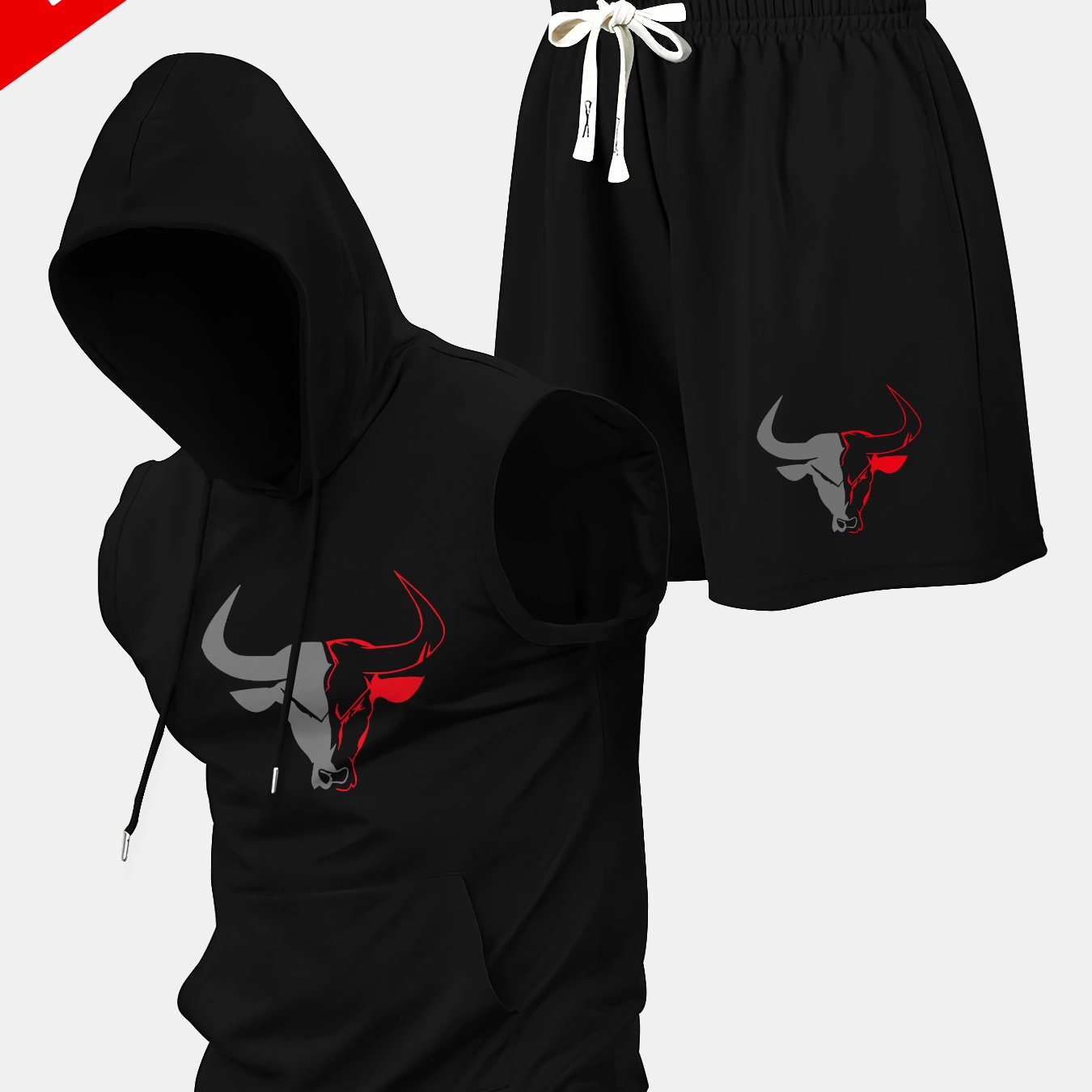 TEMU 2 pièces Ensemble Sportif Homme Été, Gilet Manches à Capuche Imprimé Tête de avec et Shorts Mode à Poches