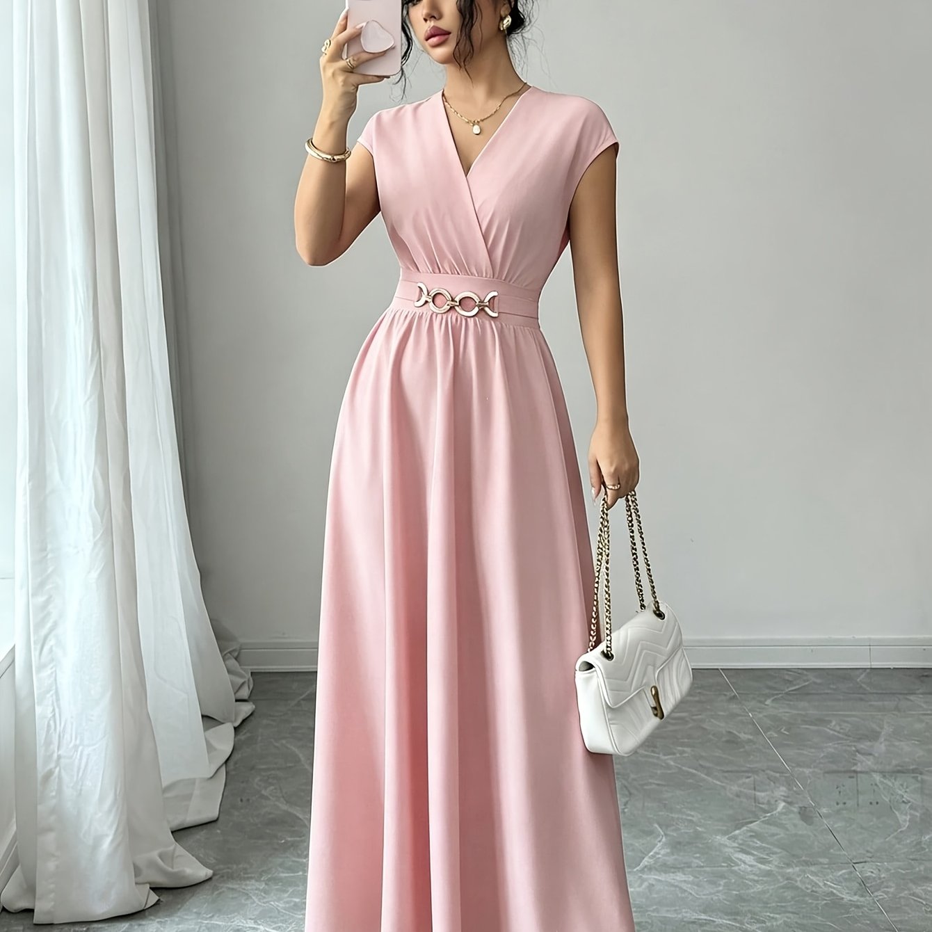 TEMU Women' Color Elegant Dress, A-line Flowy Skirt, New Summer Long V-neck , Casual Wear To Formal Pretty Dress, Machine Washable