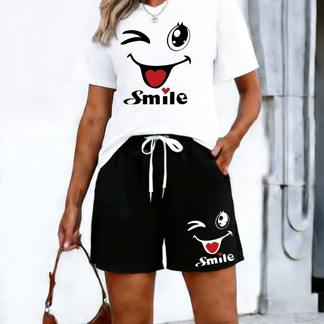 TEMU Plus Size, Plus Size Women's Fashion 2pcs Set-v-neck Batwing Sleeve Cartoon Face Print Top   Drawstring Pocket Shorts, Style Outfit, Wear