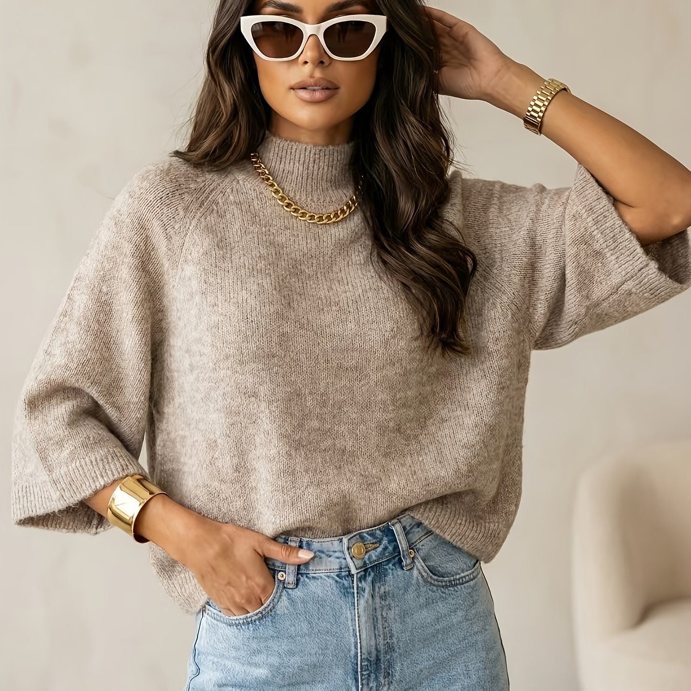TEMU Women' Color Half-turtleneck Top, Wide Sleeve Loose Sweater "niannian"