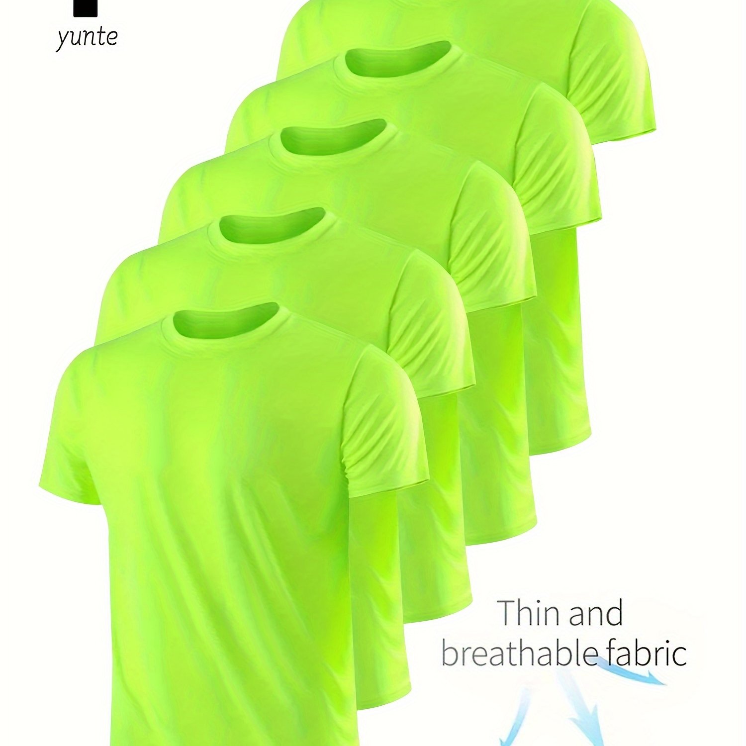 TEMU 5pcs Men's Lightweight Crewneck T-shirts In Gray, Navy, And Fluorescent Green - Quick-dry, Breathable, Moisture-wicking Shirts For Fitness, Gym,