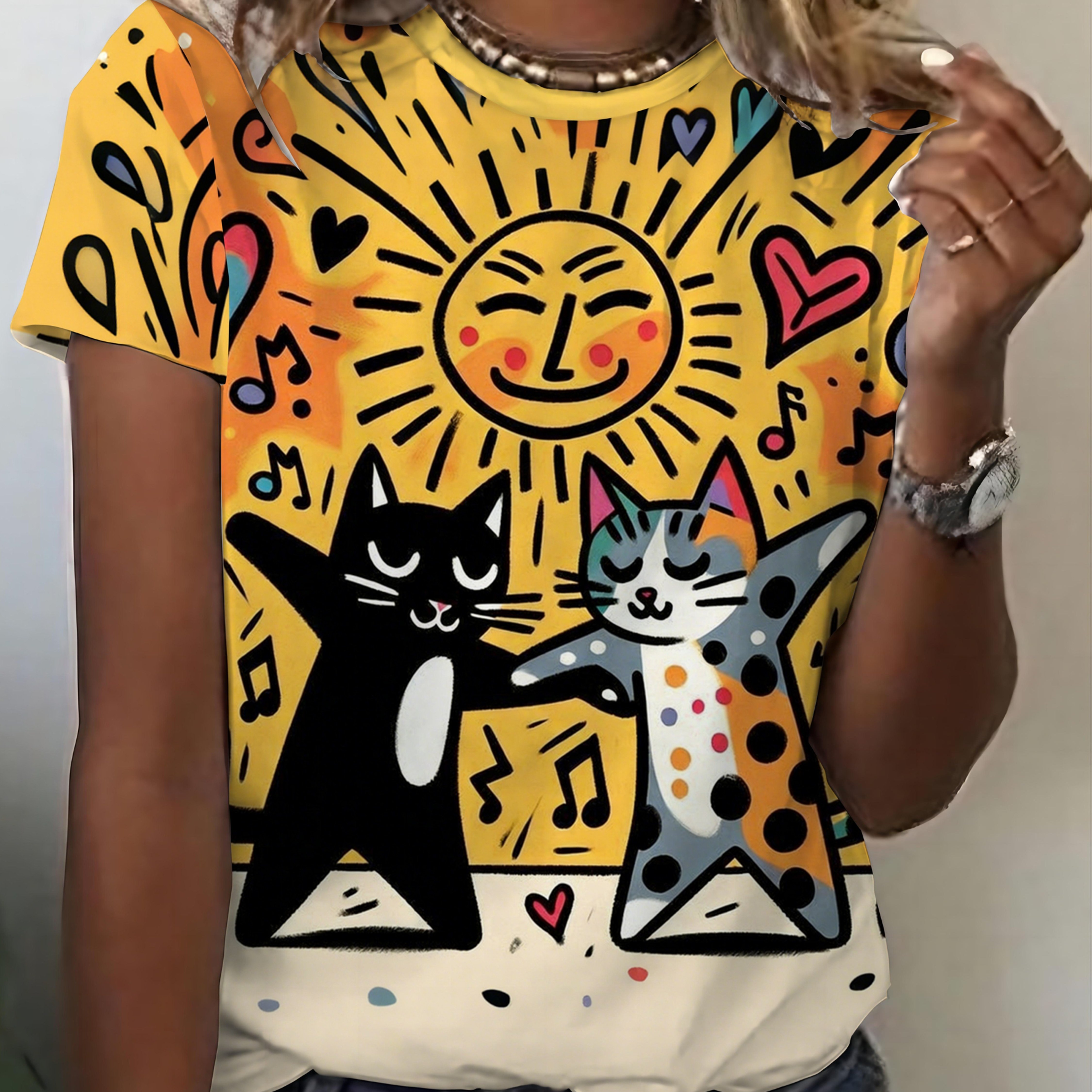 TEMU Graffiti Cat Print Short-sleeved T-shirt Women's Summer Casual Versatile Top Women's Casual Short-sleeved Top, Gift, Machine Washable Holiday