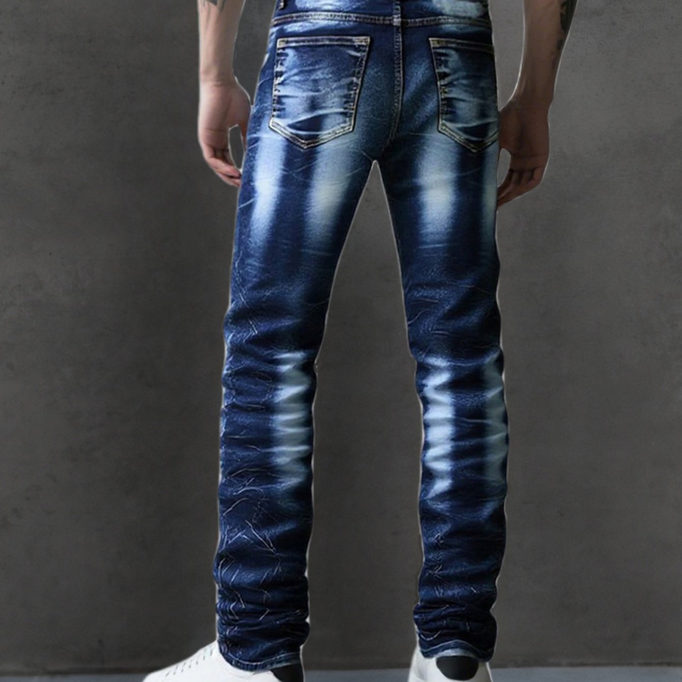 Image of [hme] Men's Cargo Jeans Tie-dye Lightning Wash, Heavy-duty Washed, Multi-pocket Cargo Style. Korean Vintage Streetwear, Slim Straight Fit, Stretchy& Washable. , Outdoor Versatile Trendy Staple.
