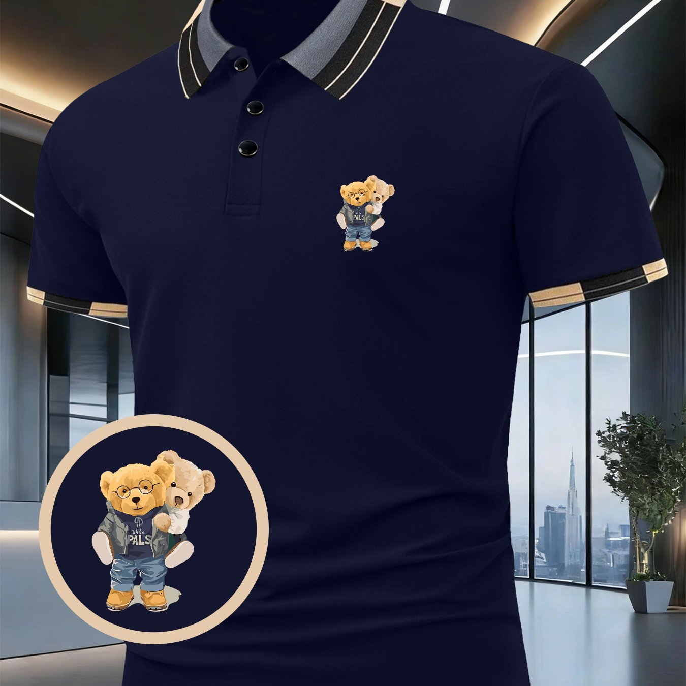 TEMU Men's Short Sleeve Shirt With Bear Print | Fashionable Contrast Collar And Sleeves, Stretch Fabric, For Summer
