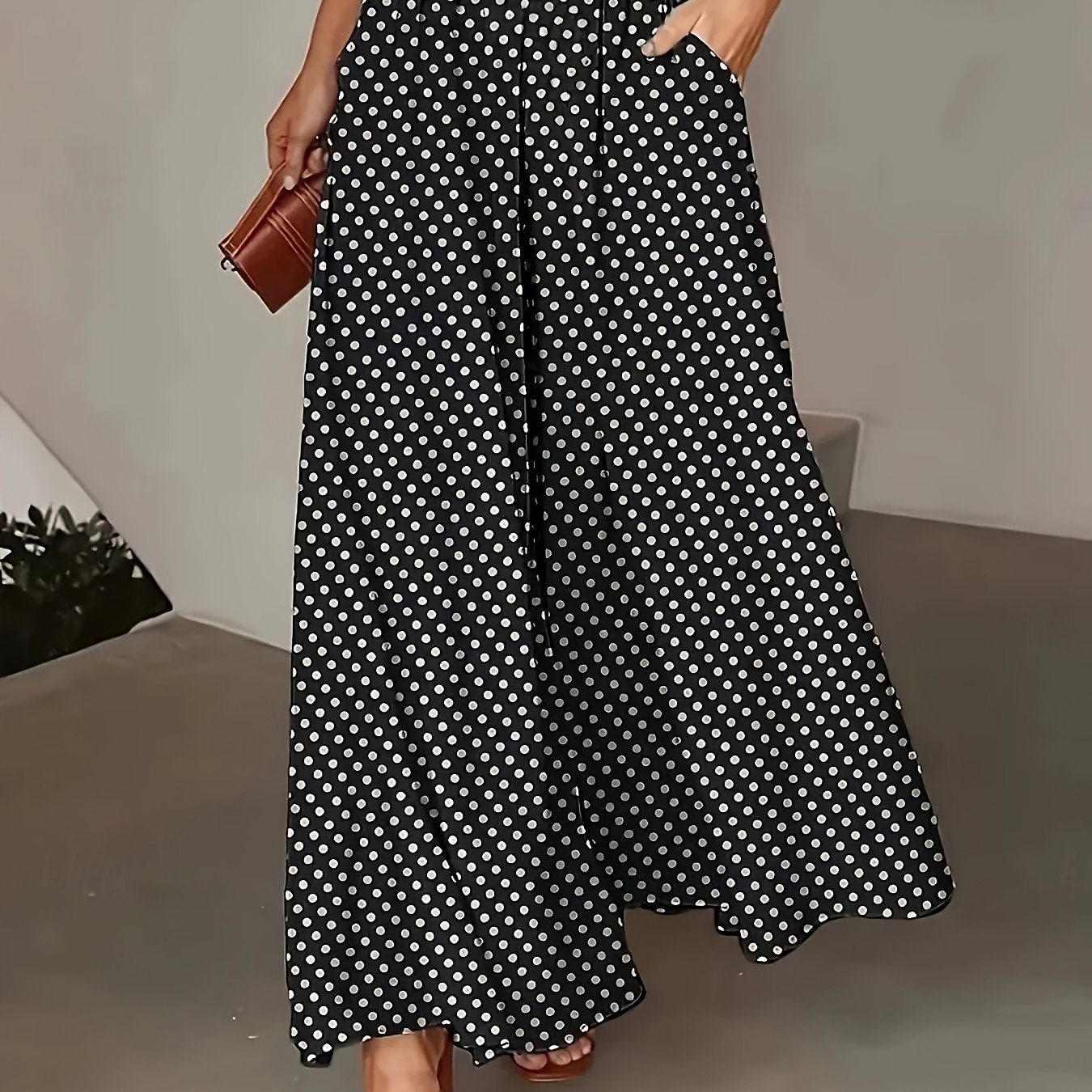 TEMU 우아하고 패셔너블한 여성용 폴카 도트 드로스트링 루즈핏 와이드 레그 팬츠, 모든 상황에 적합