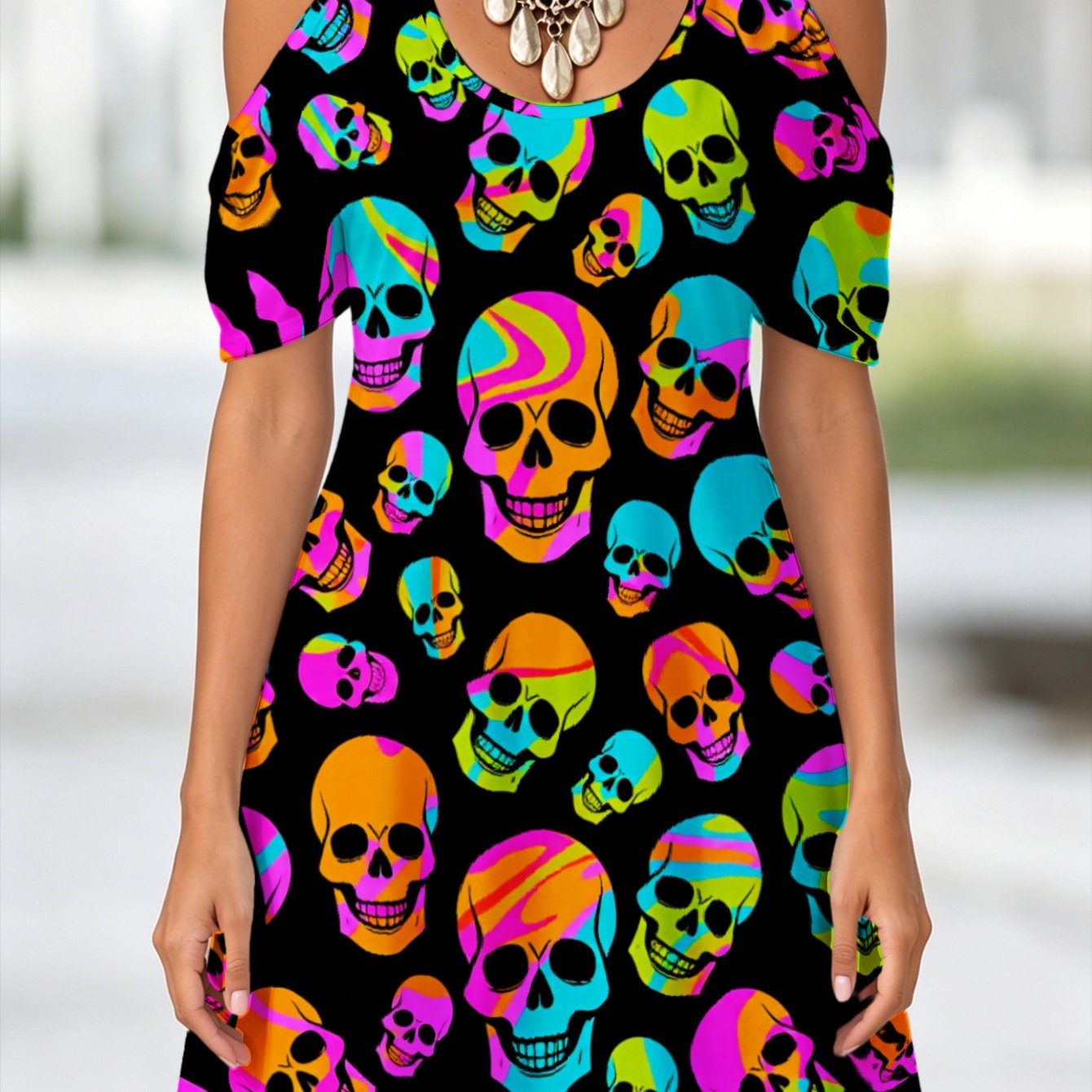 Image of Plus Size, New Women's Summer Dress For 2026 Colorful Skulls Pattern Print Dress Off-the-shoulder Material Breathable Plus-size Dress Suitable For Beach Vacations And Office Wear Comfortable Fabric