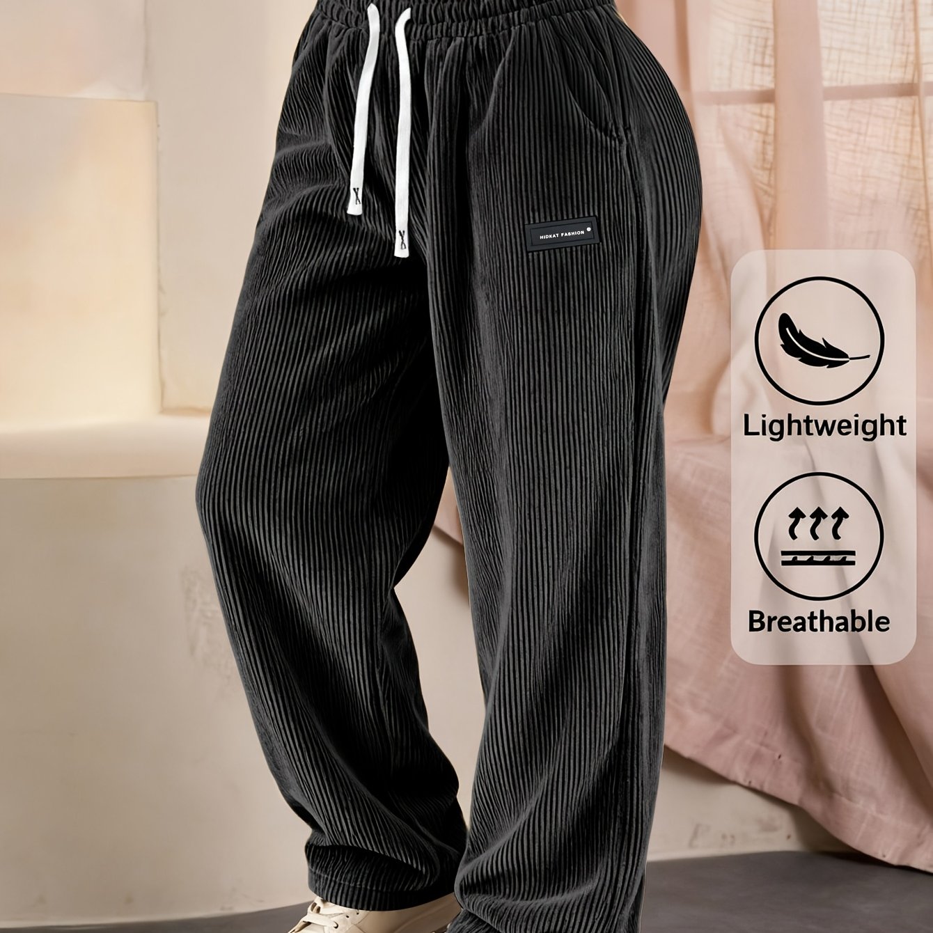 New Women's Corduroy Casual Long Pants, Solid Color With Drawstring Pockets, Breathable For Daily