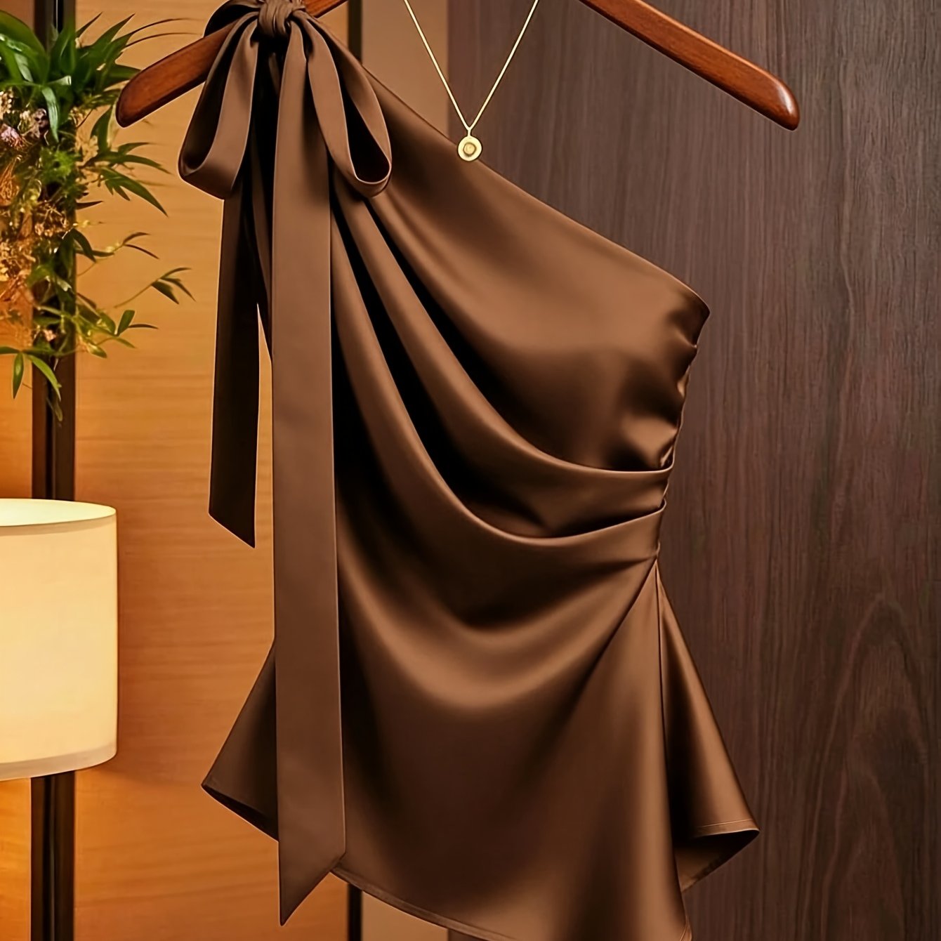 TEMU Chemise en satin avec bretelle asymétrique , design à plis asymétriques, haut décontracté à épaules dénudées pour , haut en satin, haut en satin