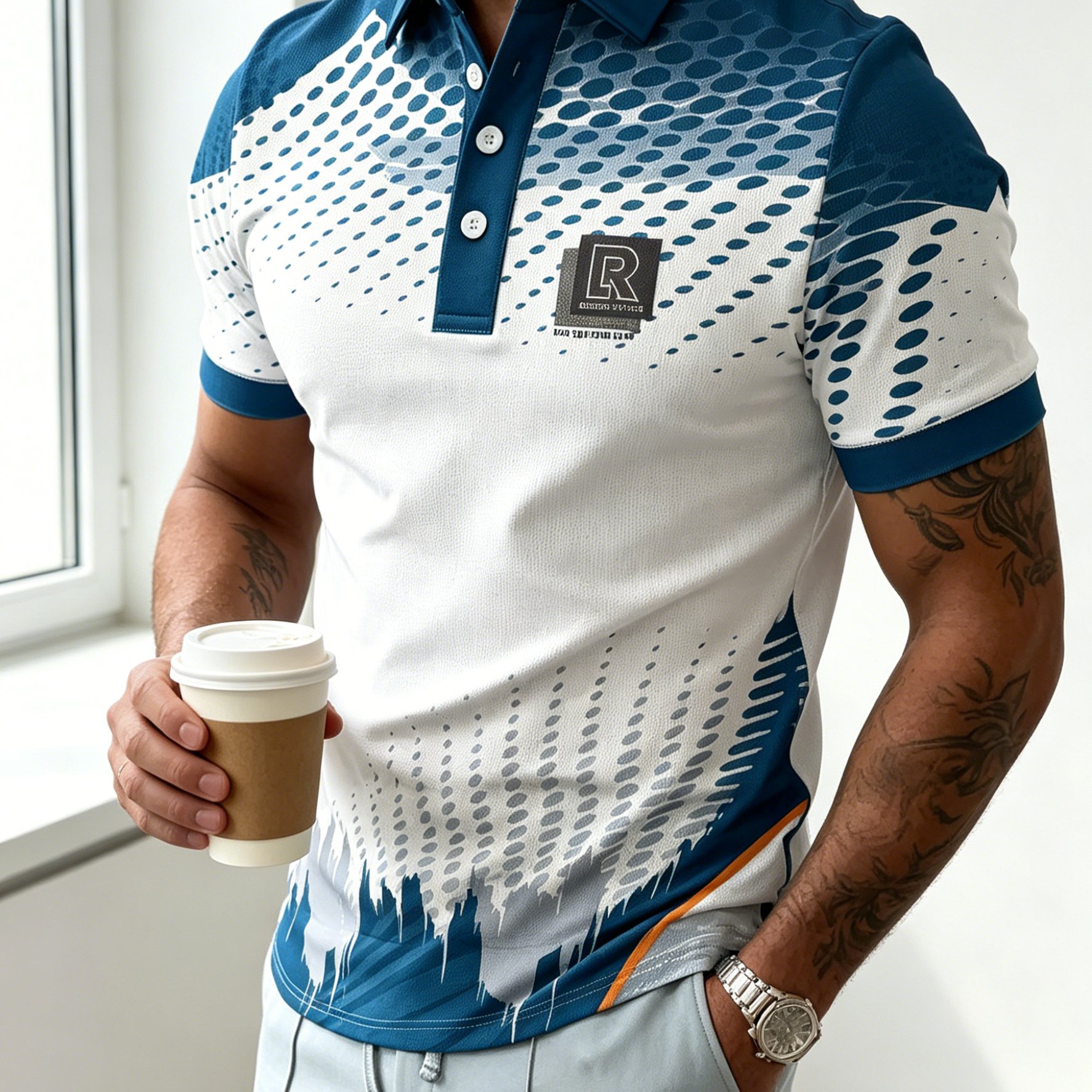 TEMU [printed Design-not Textured] Summer Men's Polka Dot Style Flat Printed Short-sleeve Shirt, Comfortable Collared Casual Top, Daily Wear, Plus