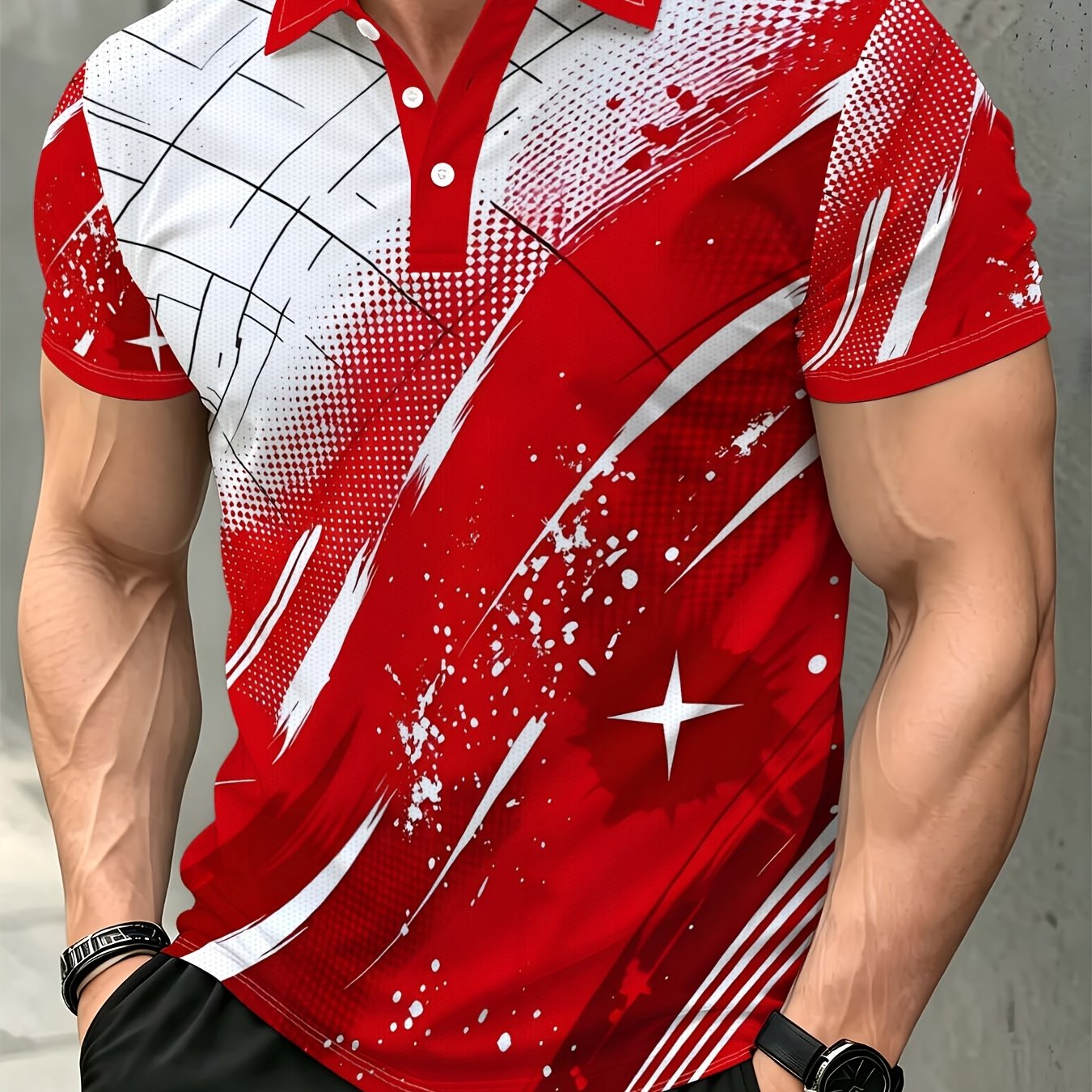 TEMU Men's Lightweight And Durable Red And White Shirt With Pattern, Perfect For Casual Occasions In Restaurants Or Living Rooms
