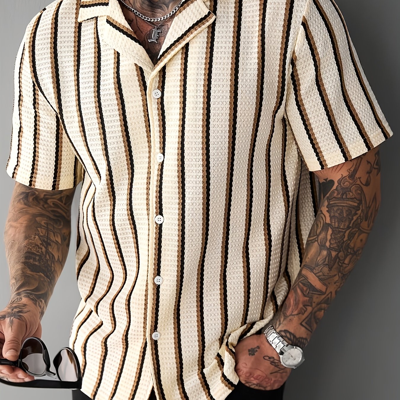 TEMU Men's Short-sleeve Button-up Shirt - Textured Collar & Striped | Non- Button-front Suitable For Business Casual, Commuting, Outdoor Wear |