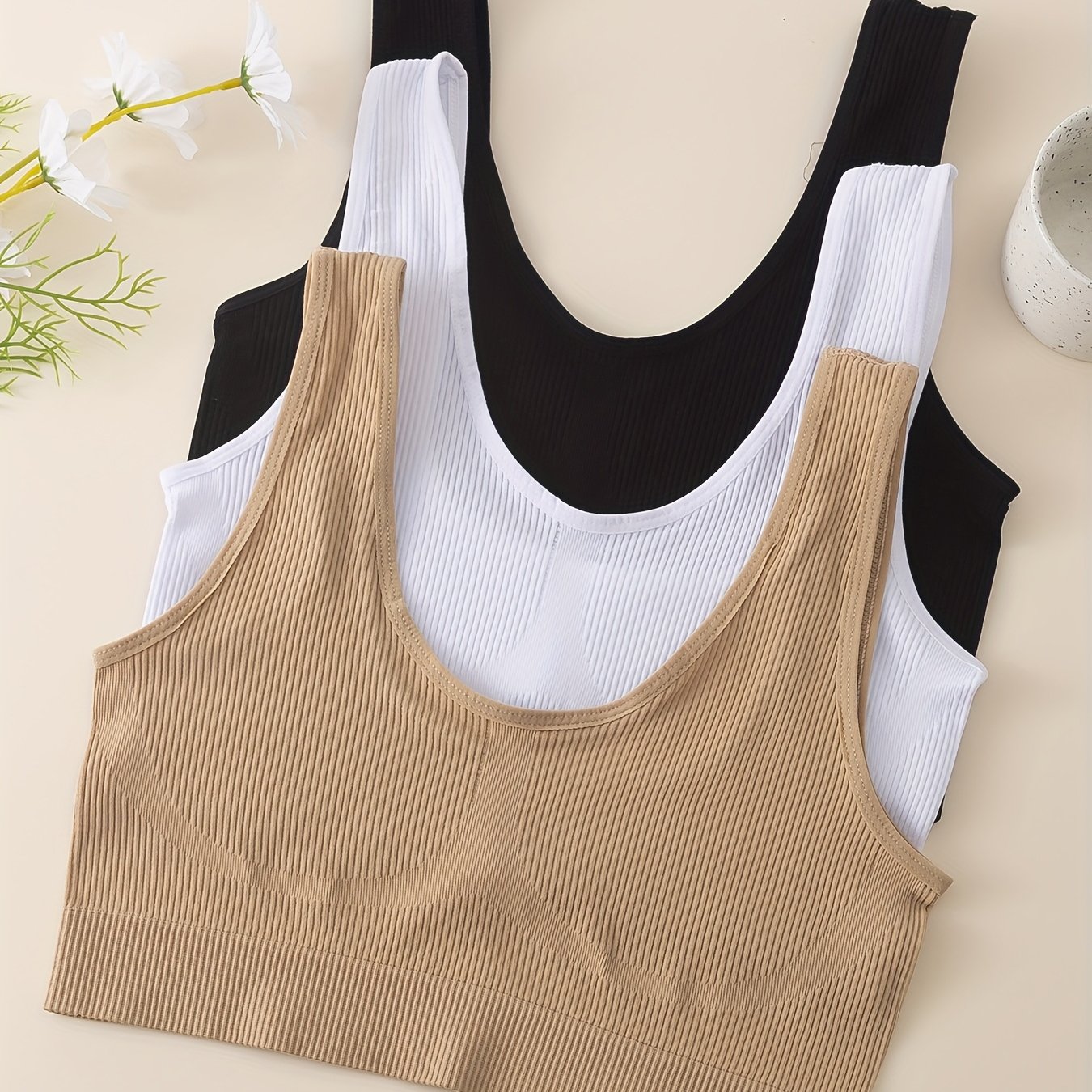 E-shop Ausgewähltes 3-teiliges, nahtloses, geripptes BH-Set, Anti-Wardrobe- Sport Unterwäsche, atmungsaktiv, hautfreundlich, für Laufen, Yoga, Fitness,