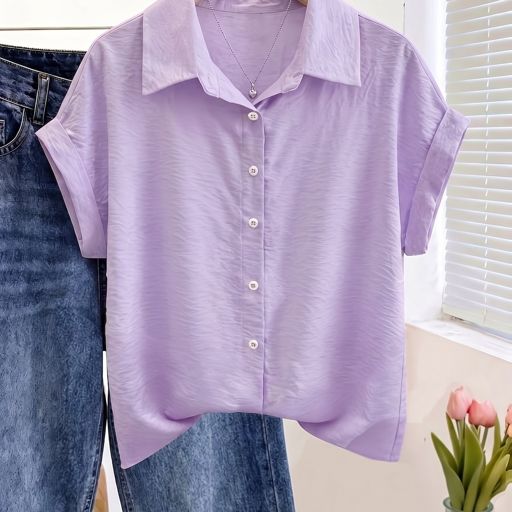 TEMU Summer Women's Elegant Rolled Hem Short Sleeve Solid Color Single-breasted Shirt