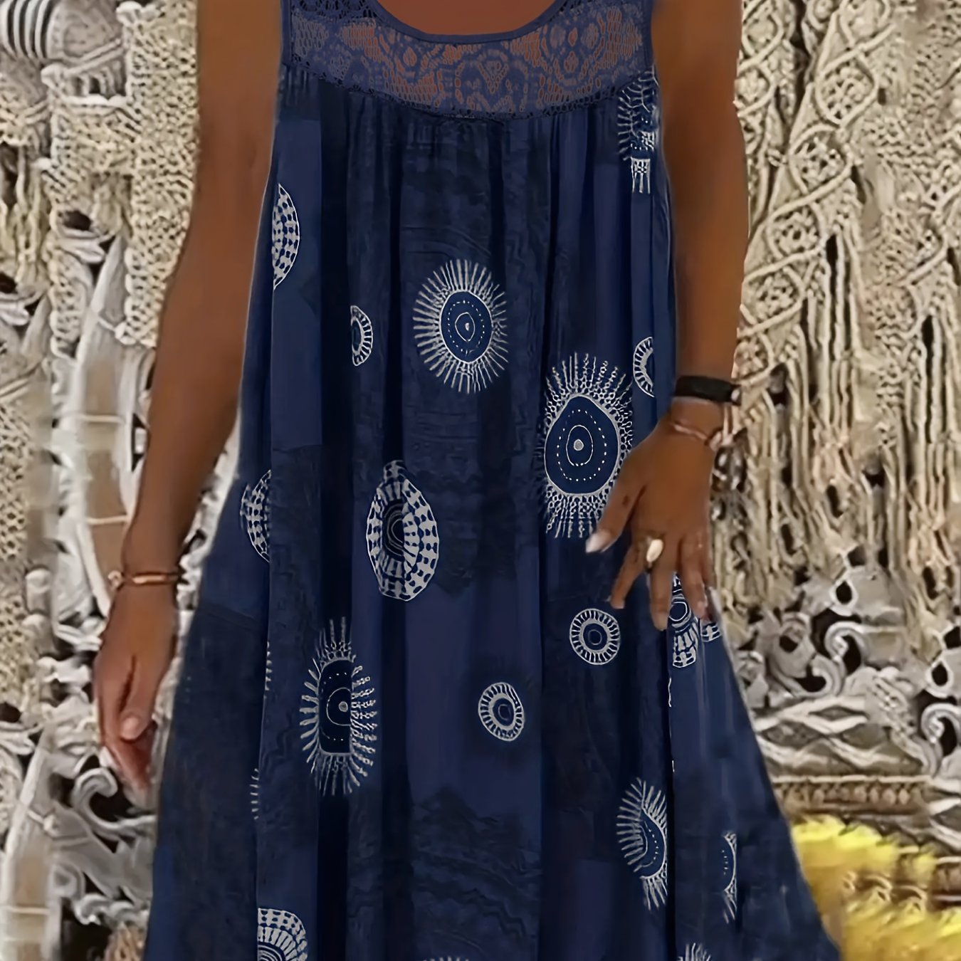 Plus Size - Plus Size - Lace Panel Printing Sleeveless Large Hem Vest Dress-random Print