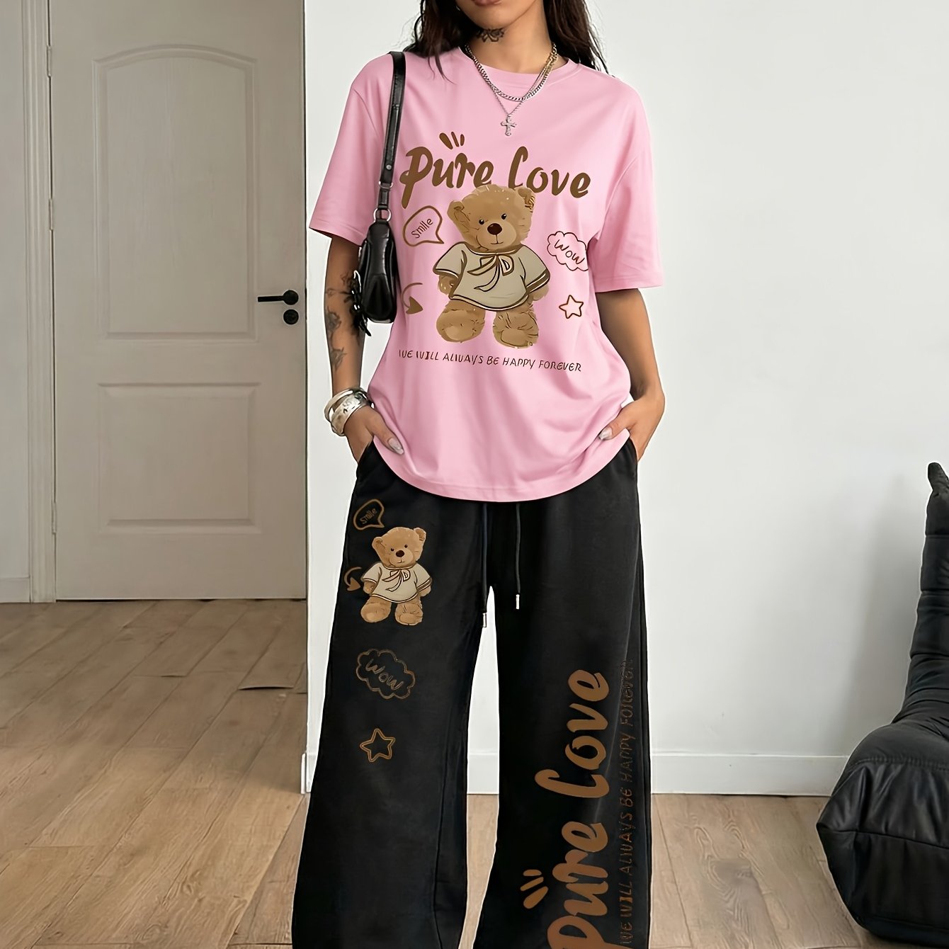 TEMU Women's 2pcs Spring Summer Fun "brown Cartoon Bear" Letter Athletic Leisure Set, T-shirt And Drawstring Straight Pants, Soft Comfortable Niche
