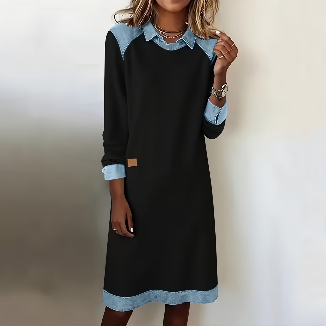 Image of Uue Women' Color Casual Long-sleeve Collared Cuffs And Hem Pullover Dress Spring And Autumn Casual Outfits