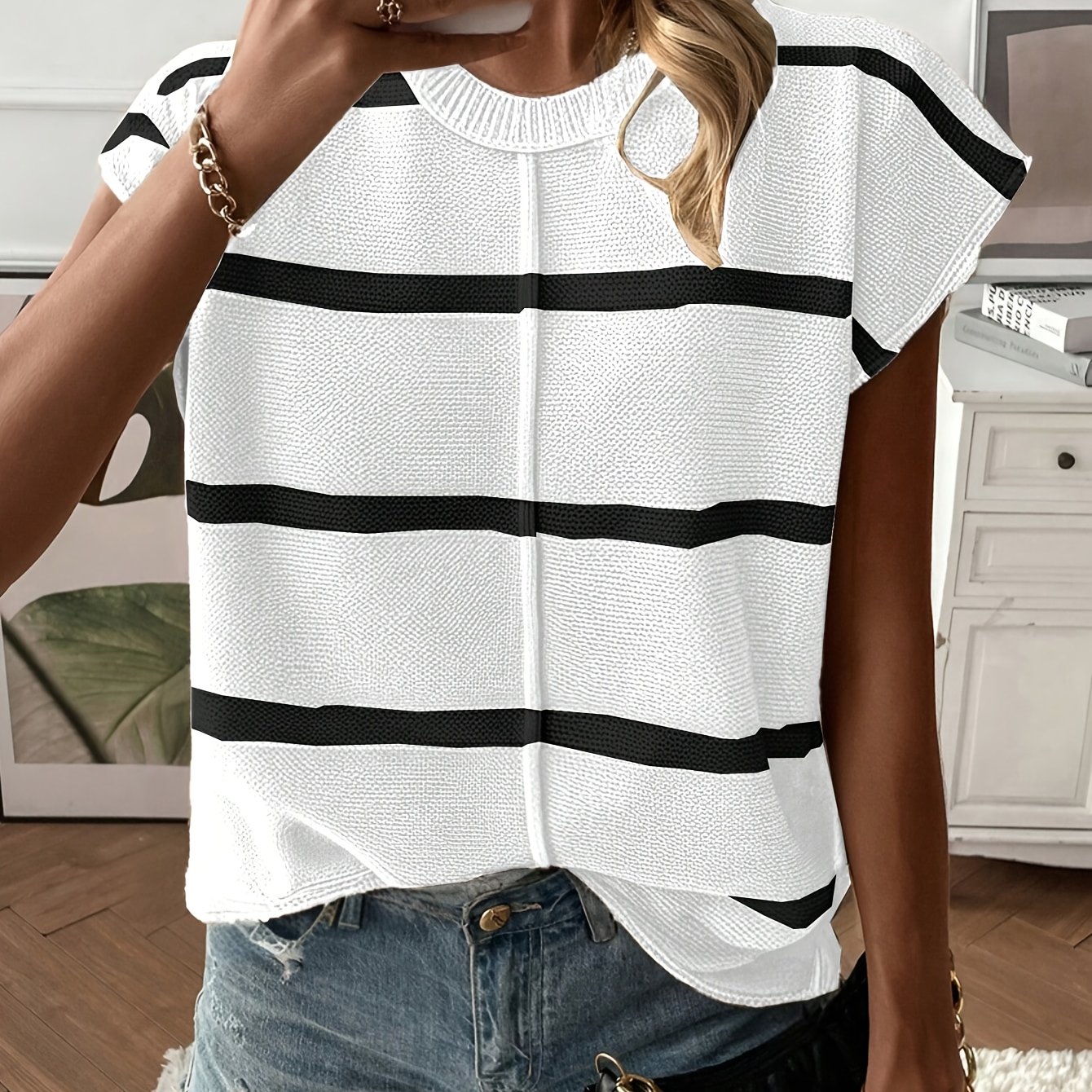 E-shop Damen Frühlings Sommer Lässige Lockerer Rundhals Drop Shoulder Ärmellose Weste Pullover, Modische Gestreifte Kontrastfarbe Strickjacke