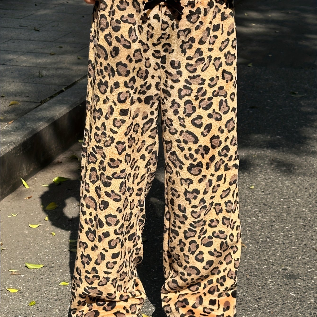 Image of Cozy & Cute Girls' Leopard Print Plush Wide-leg Pants With Bow Waistband - Perfect For Fall/winter, Perfect For Outdoor