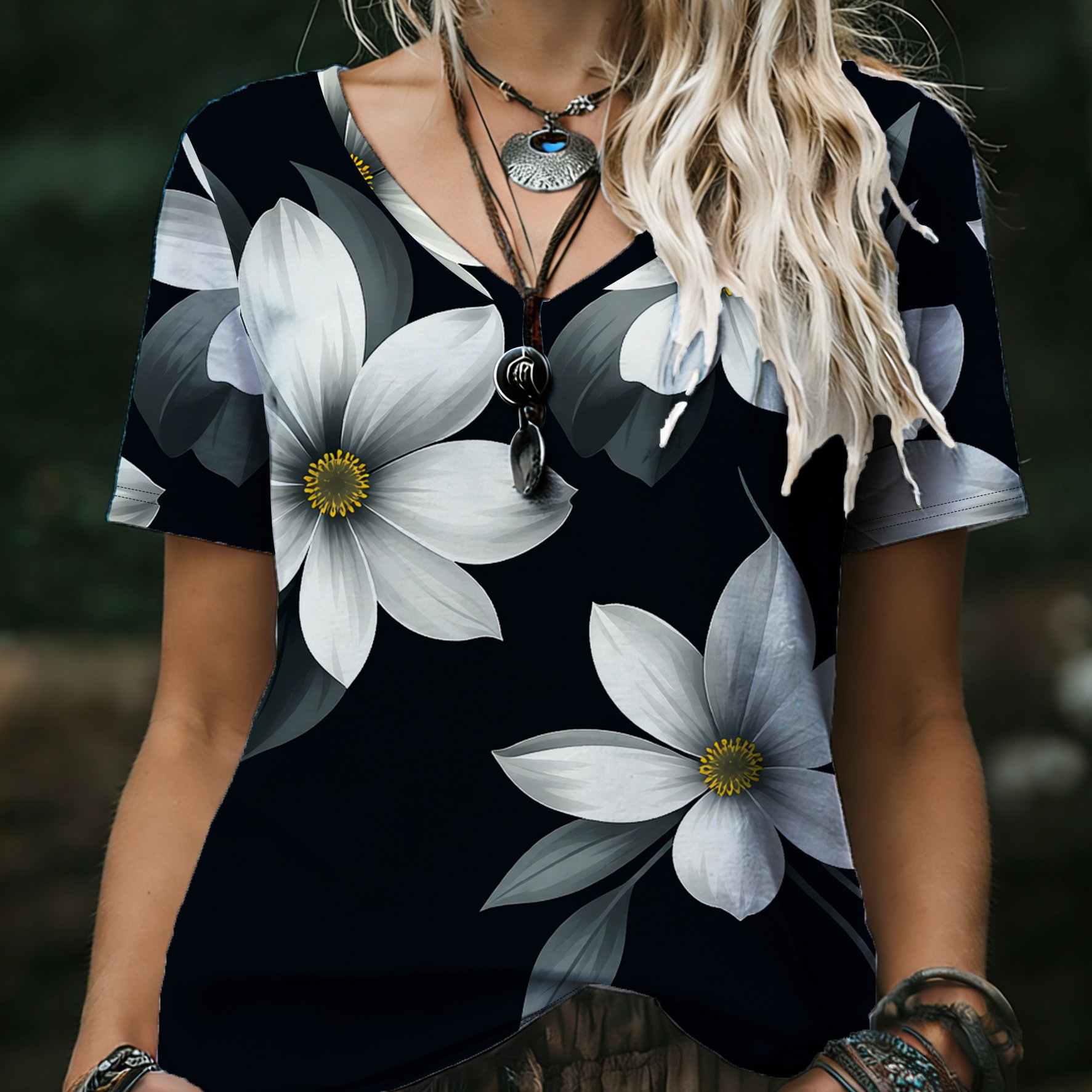 TEMU Plus Size, Plus Size Women's Clothing 2026 Summer New Arrival, Tibetan With Premium Gradient Floral V-neck Short Sleeve T-shirt, Casual Top,