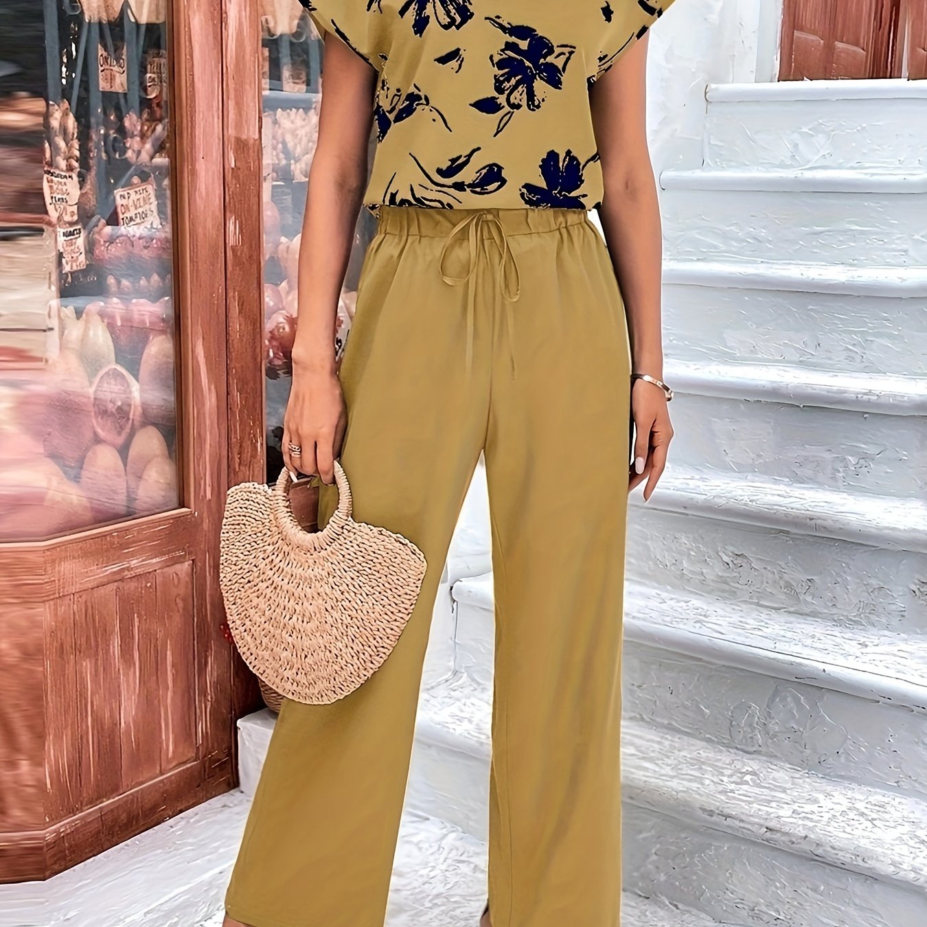 Women's Summer fashion v-neck printed top wide-leg pants two-piece
