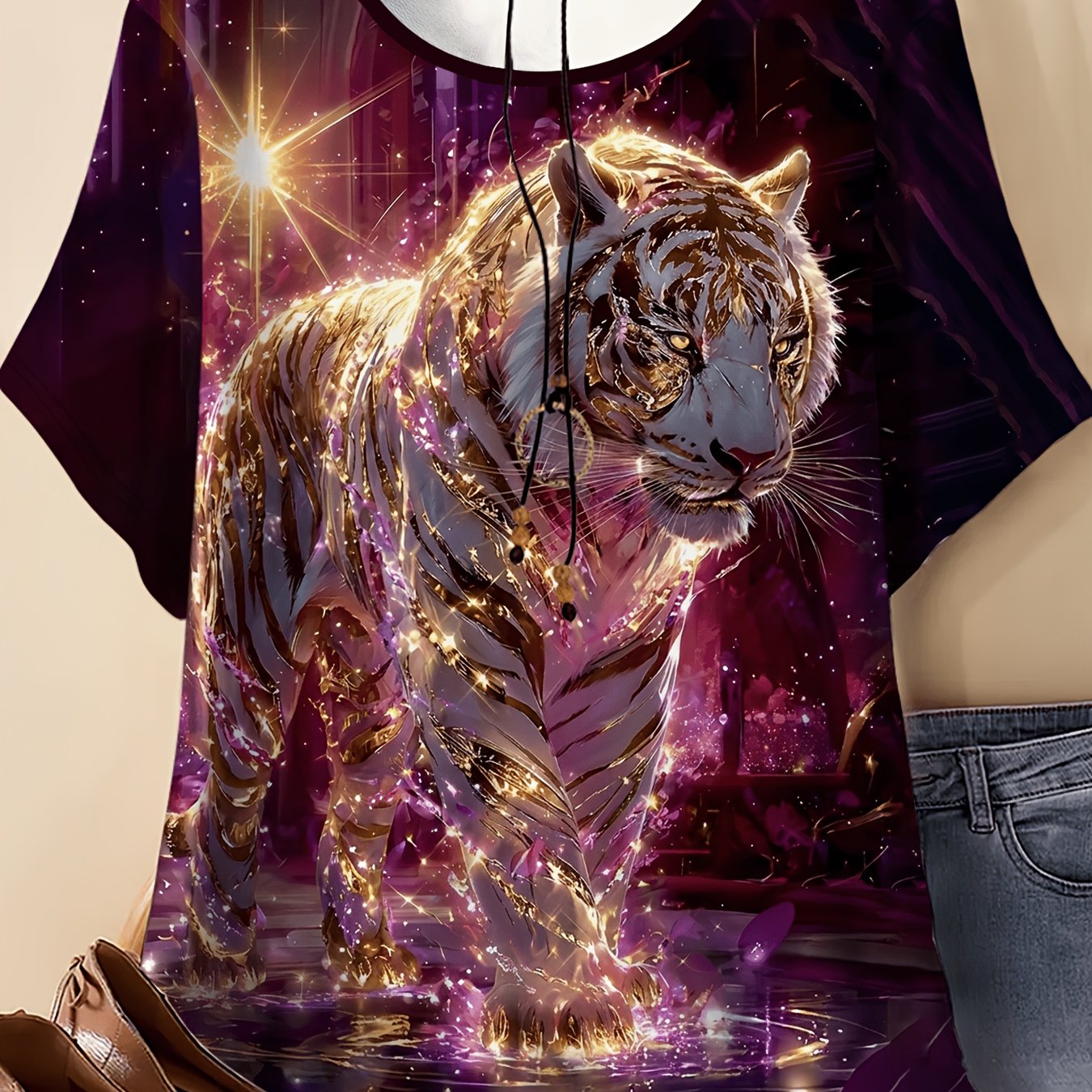 TEMU Plus Size, Plus Size - Amethyst Print T-shirt, A Must-have Women's Top For Outfits, Featuring An Elegant , Slightly Stretchy Fabric, Fashionable