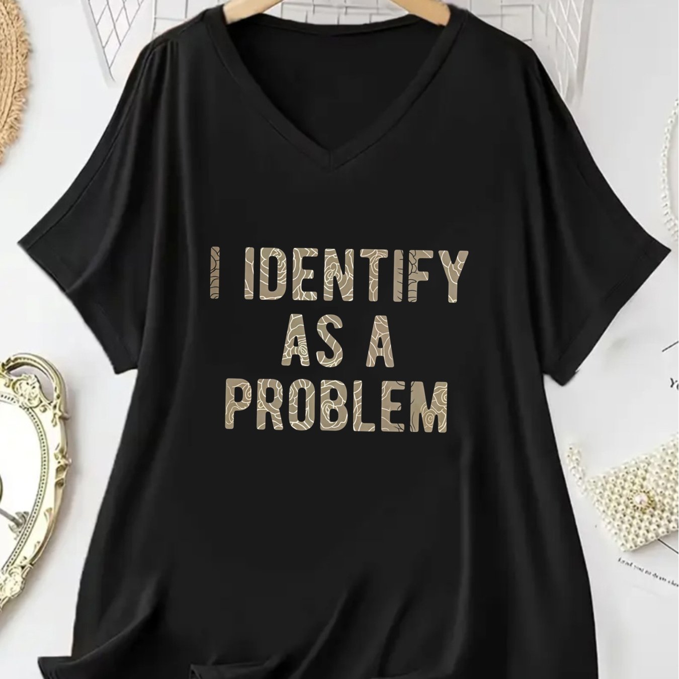 TEMU Casual Fashion Women's V-neck Batwing Sleeves, I Identify As A Problem Graphic Print Summer Outfit Gift For Her - Unisex Holiday Gift Casual