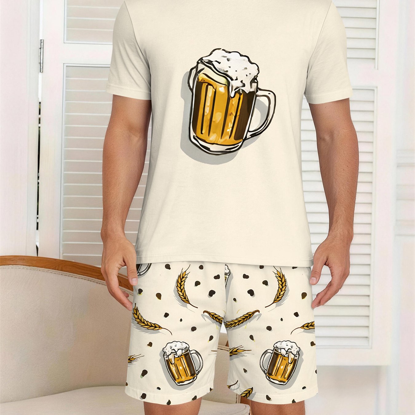 TEMU 2ps Beer And Wheat Men's Crew Neck Short Sleeve And Shorts Pajama Set, Stretch, Casual Fun Beer Men's Loungewear 2pcs Set, Plus Size