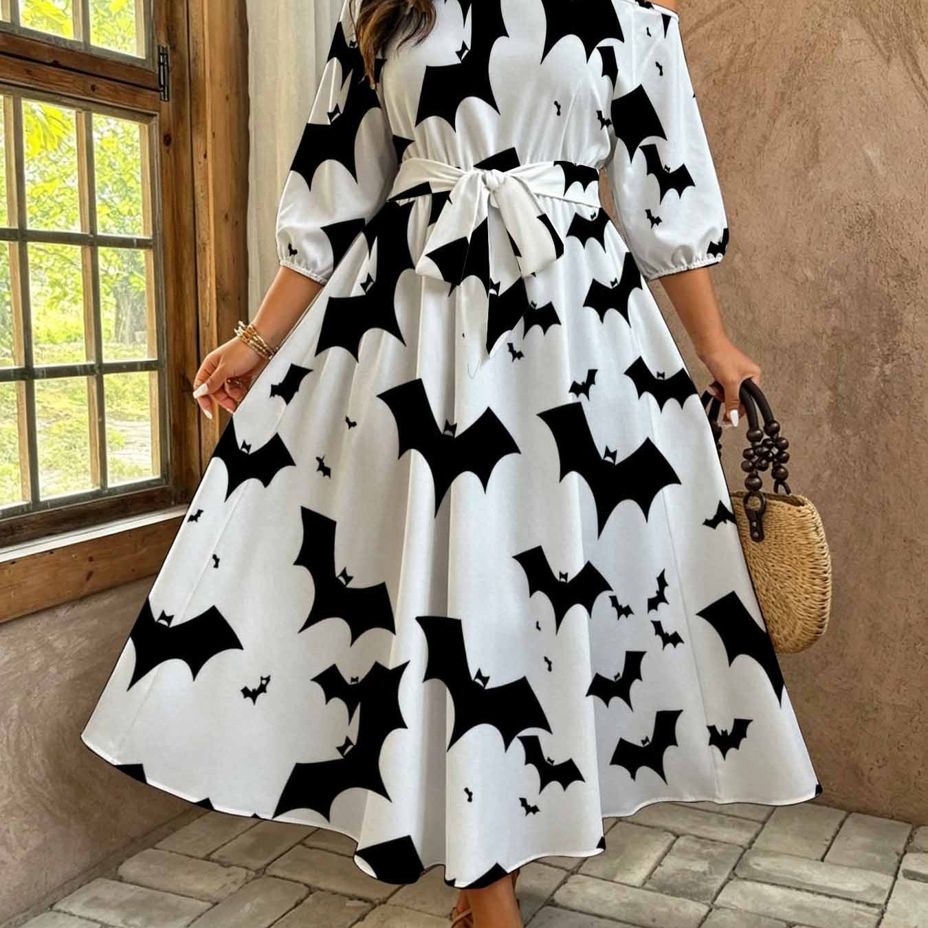 Image of Plus Size, Plus Size Women's Bat Print Off Shoulder Long Dress Gothic Casual Belted Elegant Maxi Dress, Party Wear, Comfortable Breathable Fabric, Black And White