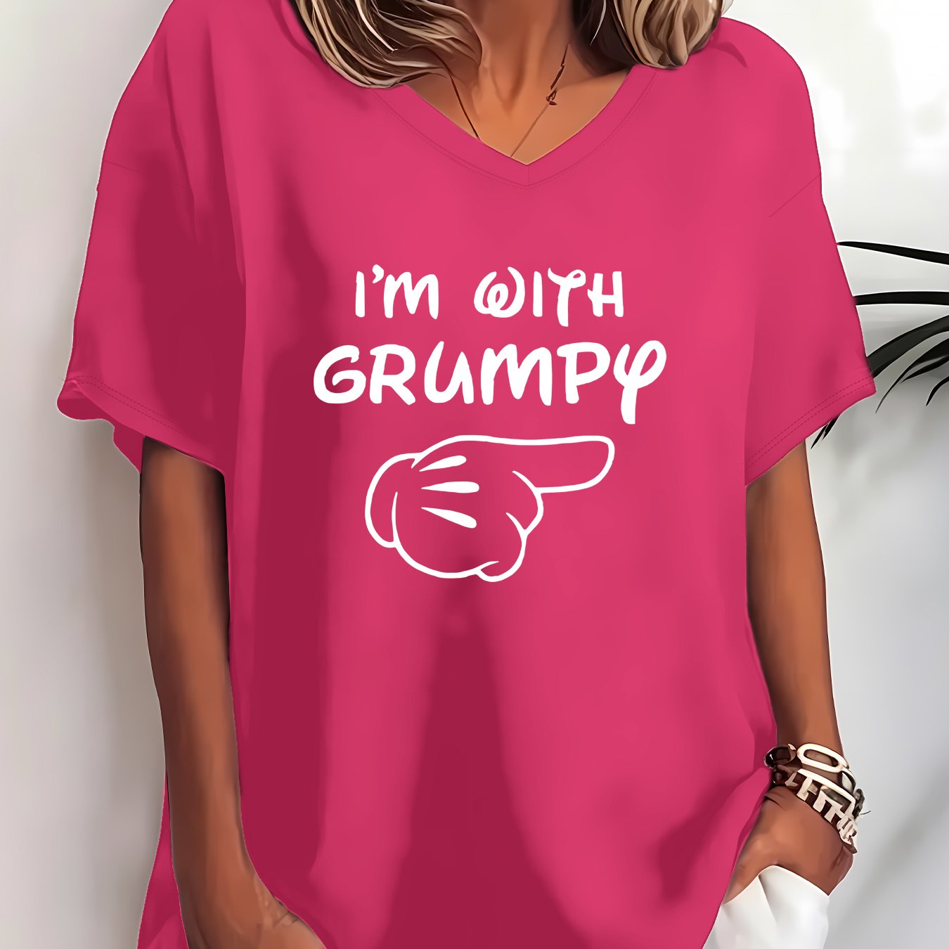 TEMU Plus Size, I M With Printed "i Am With " Plus Size Short Sleeve V-neck T-shirt For Women, Plus Size 1-8xl, Casual Fashion Printed Top, Soft