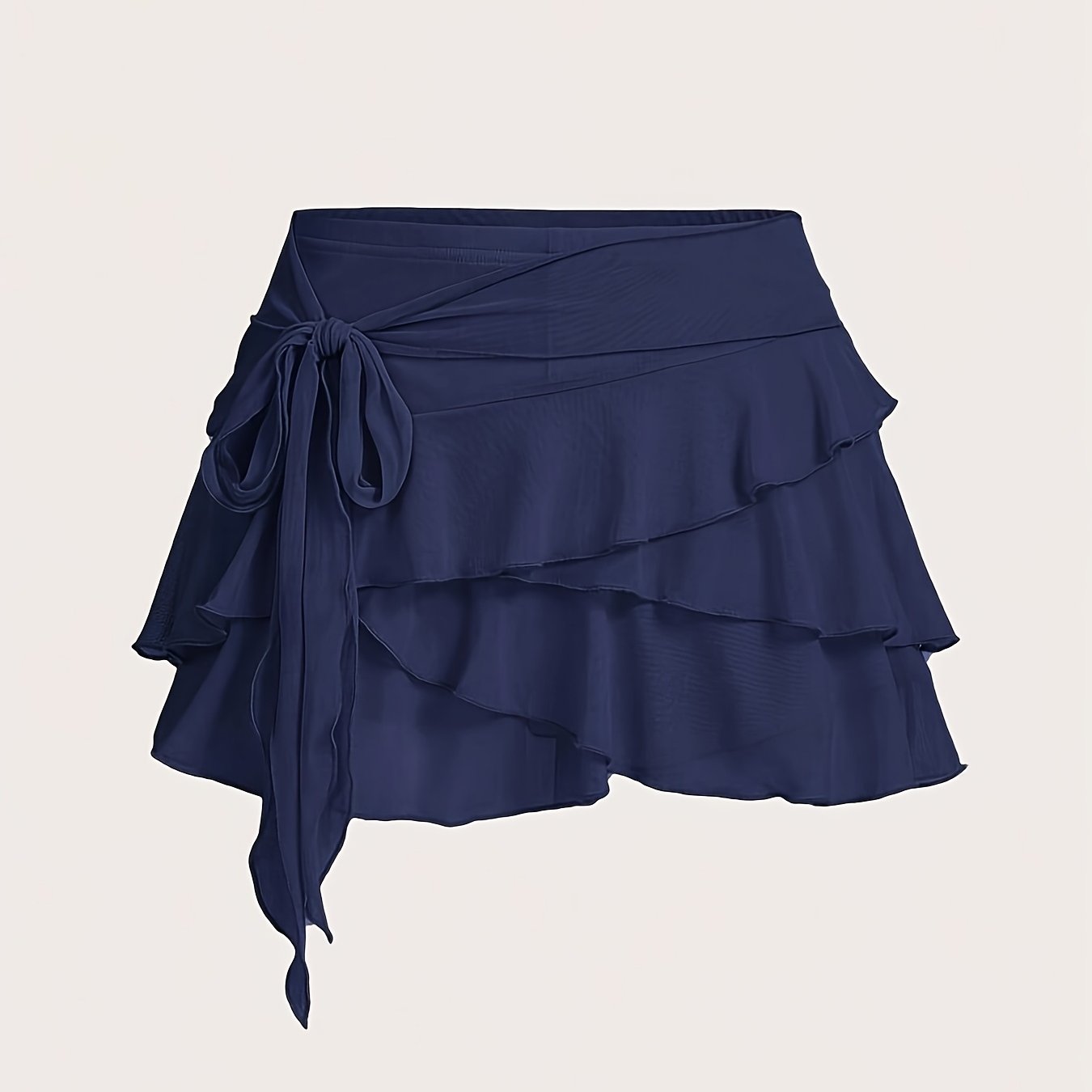 Image of Elegant Women's Navy Skirt With Ruffle Hem And Tie Detail - Asymmetrical Low-rise Design, Machine Washable, Spring And Summer, Skirt | Tie Detail Skirt | Medium Elasticity