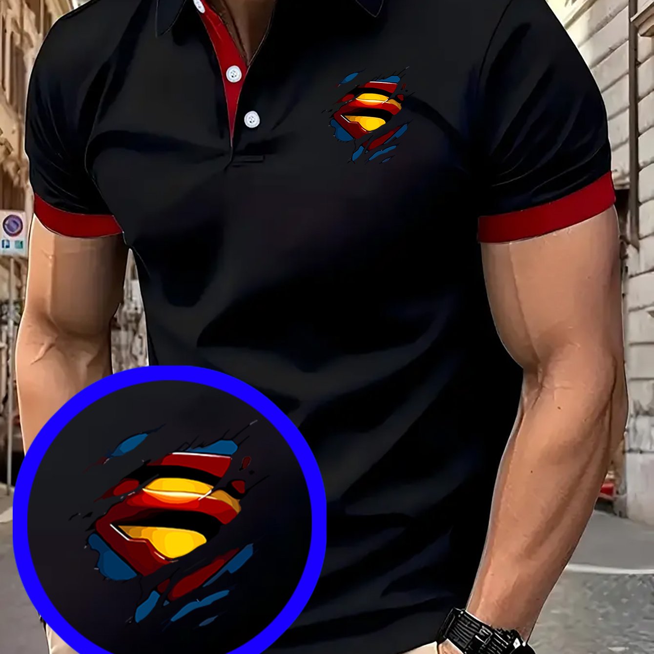 TEMU Camiseta polo casual de manga corta para hombre con estampado del logo Rip Superman, cuello con botones, adecuada para , negocios, fiestas y uso