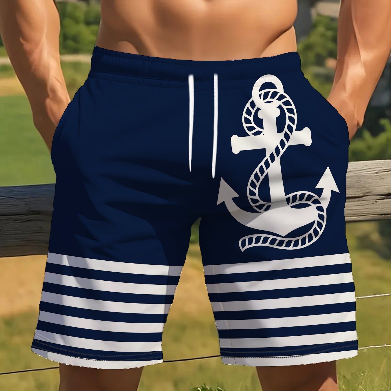 TEMU Fashion Men's Geometric Pattern Shorts, Polyester, Casual Summer Style