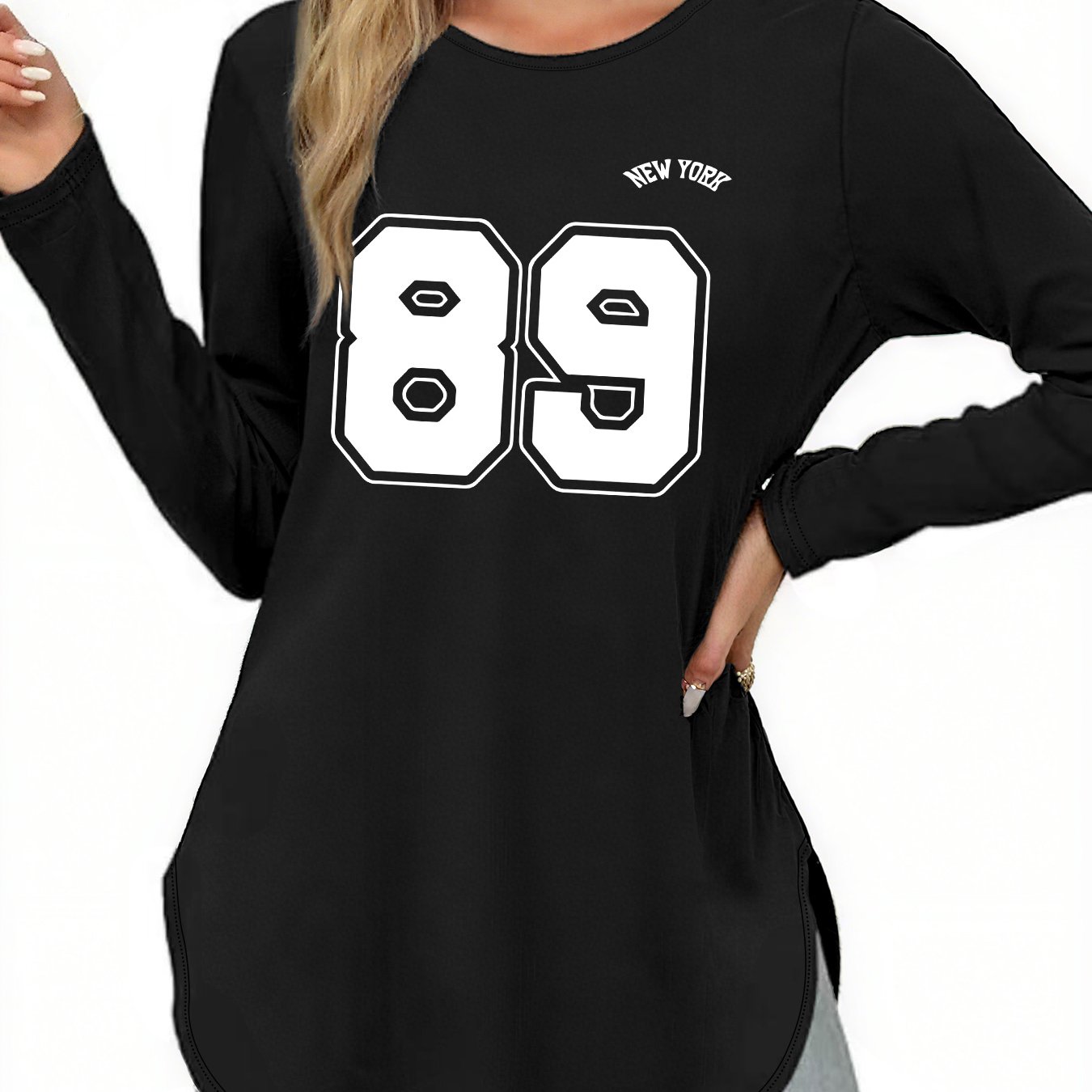 TEMU (063#) Women's Spring/autumn Casual Long-sleeve T-shirt, Long-sleeve T-shirt, Loose Fit Casual Top With Side Slits