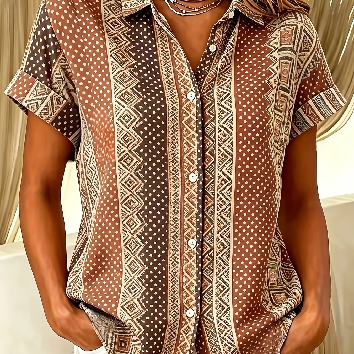 TEMU Bohemian Retro Geometric Print Short Sleeve Shirt For Women, Summer Casual Loose Single-button Blouse
