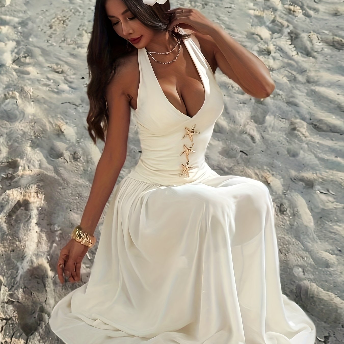 Image of Women's Vacation Summer Beach Plunge Neck Sleeveless Dress With Star Pattern, For /elegant/sexy/holiday/beach/hawaiian/romantic/date