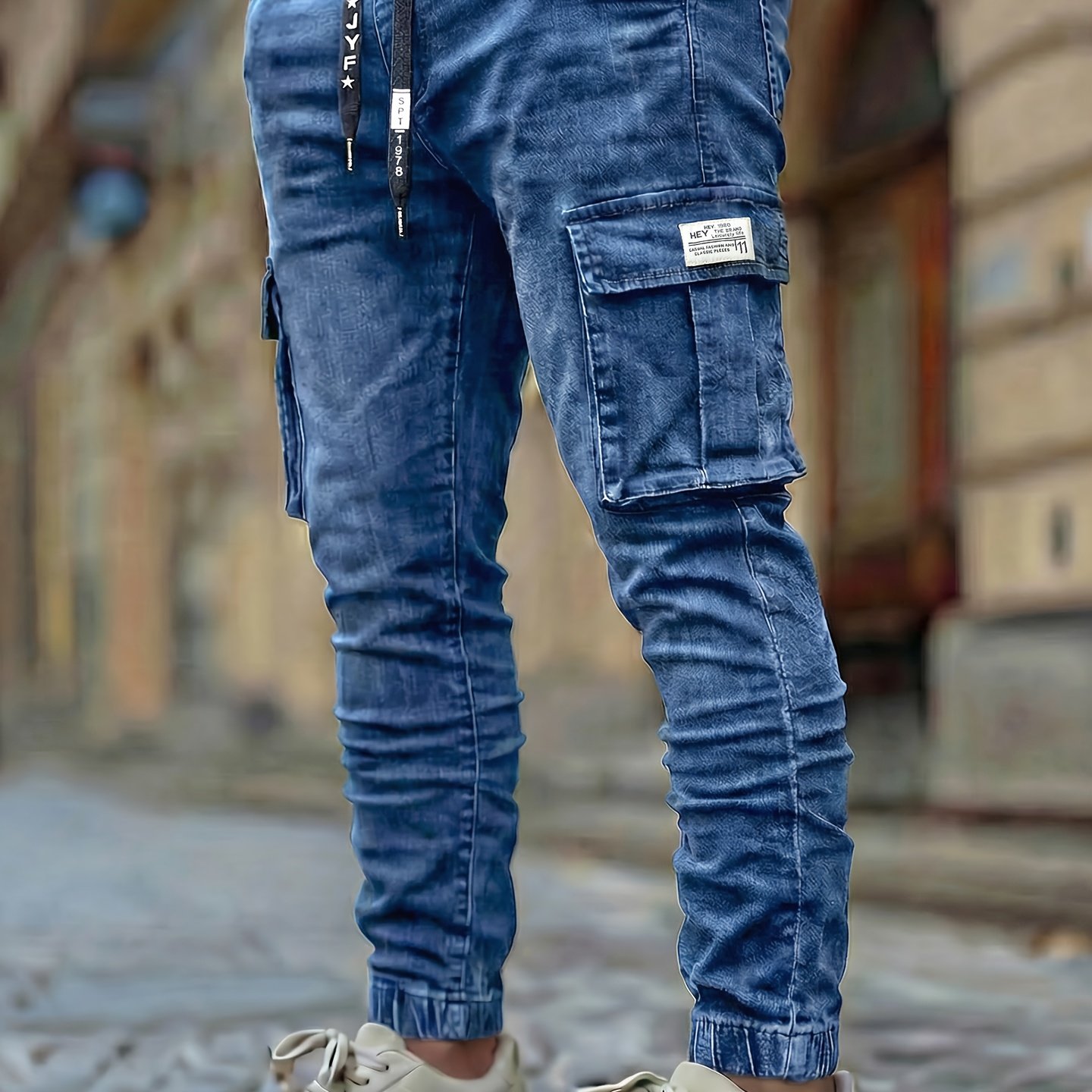 Men's Slim Fit Multi-pocket Jeans, Utility Denim Trousers For Men, Washed Micro-elastic Fabric, Adjustable Waistband, Suitable For Casual And Work