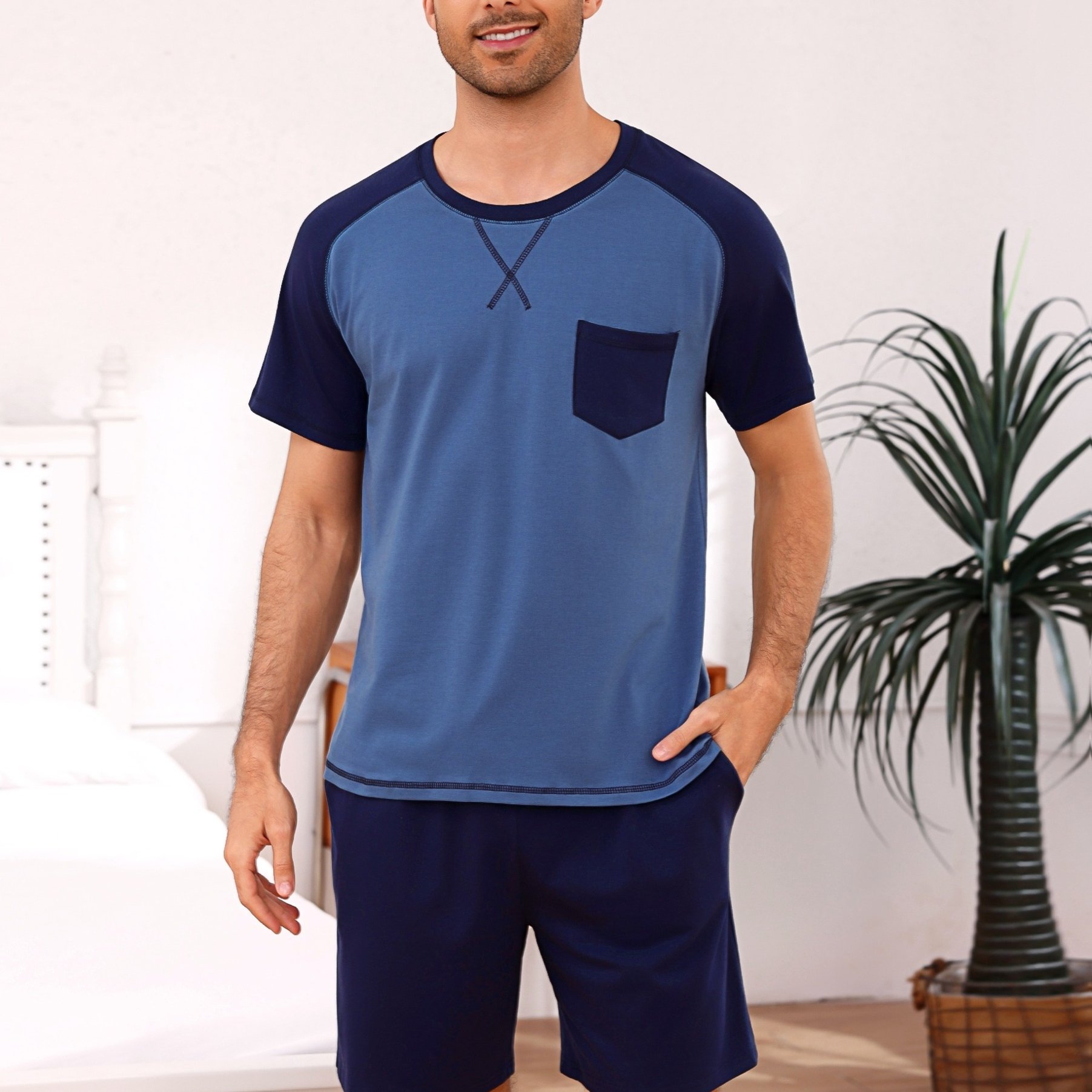 Men's Short-sleeve Summer Cotton Pajama Set With Chest Pocket