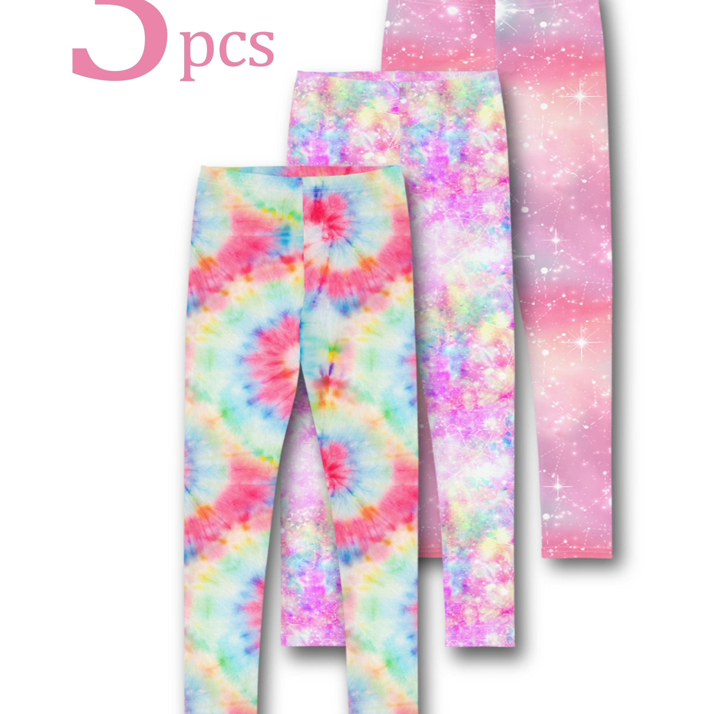3pcs Tie-dye Flat Waist Leggings For Girls, And Stretchy Printed Casual Ankle Pants Set