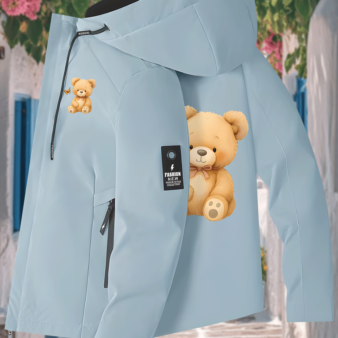 TEMU Cute Bear Print Lightweight Women's Windbreaker, Jacket, Loose And Fashionable Casual Outerwear For Spring And Autumn