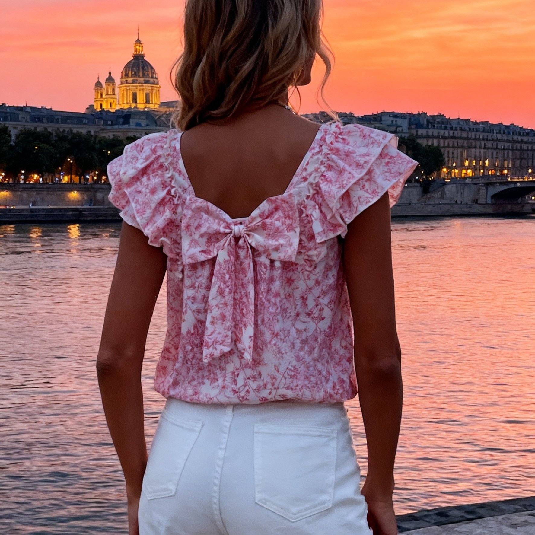 E-shop Neues lässiges Damen-Shirt mit Blumendruck, Schleife, Rüschen kurzen Ärmeln, geeignet für Urlaub, Ausflüge, Strände, Frühling, Sommer Herbst als