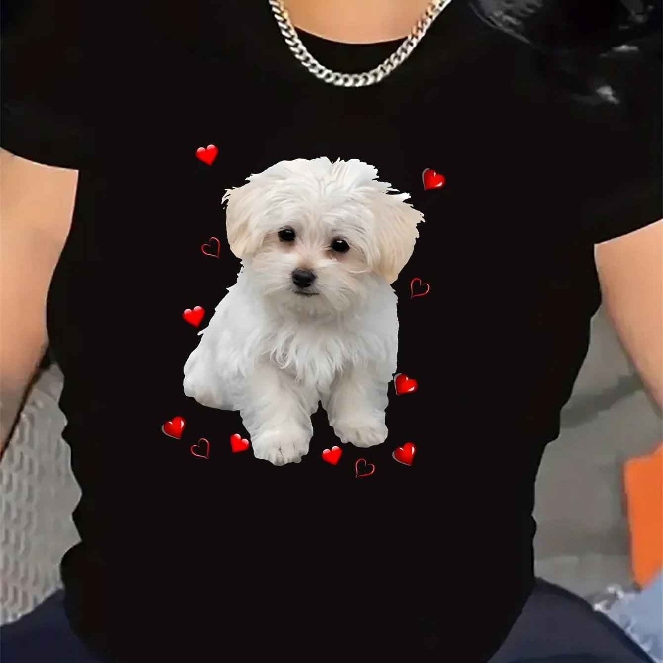 TEMU Short Sleeve T-shirt With Maltese Dog Print And Red Hearts | Made Of, Lightweight And Durable, Perfect For Casual Wear At Home Or Restaurant,